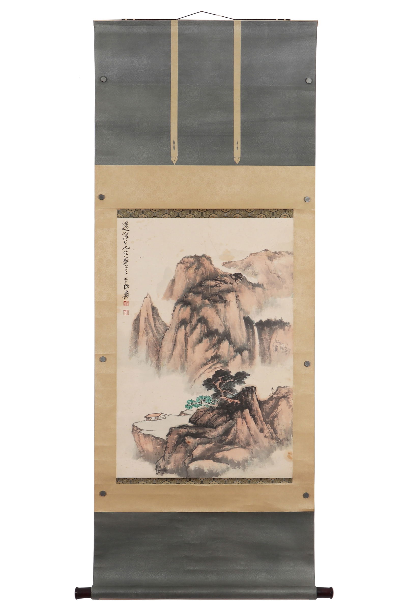 A Chinese Landscape Painting, Signed by Zhang Daqian: A Chinese landscape painting, signed by Zhang Daqian, featuring two seals. Drawing a person's life in the mountains on paper in color. On the back of the painting, there are old labels and introductio