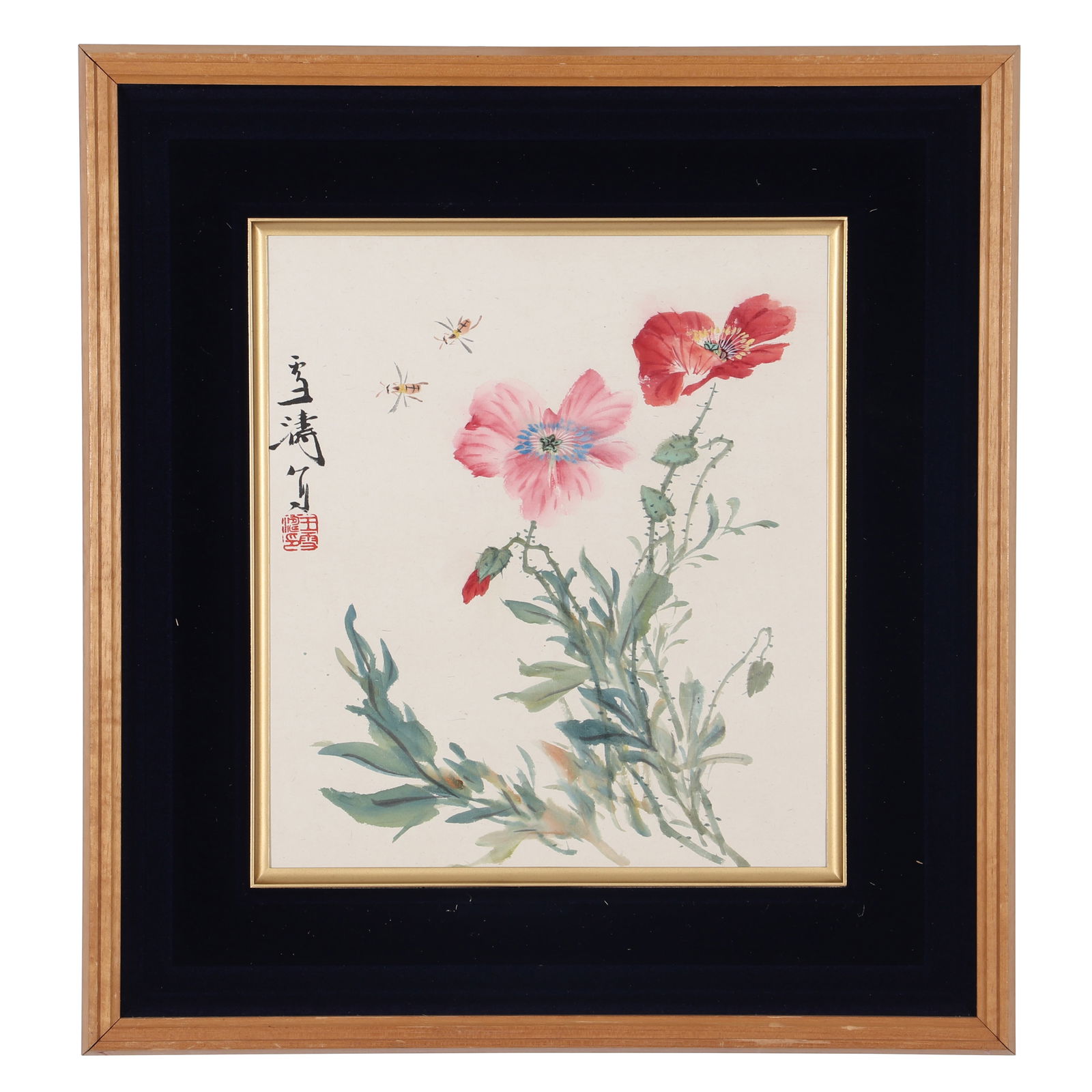 A Chinese Floral Painting, Signed by Wang Xuetao: A Chinese floral painting, Signed by Wang Xuetao, featuring a seal. Drawing flowers and bees in color on paper. Mounted in a wooden picture frame. H: 26cm W: 23cm (painting)