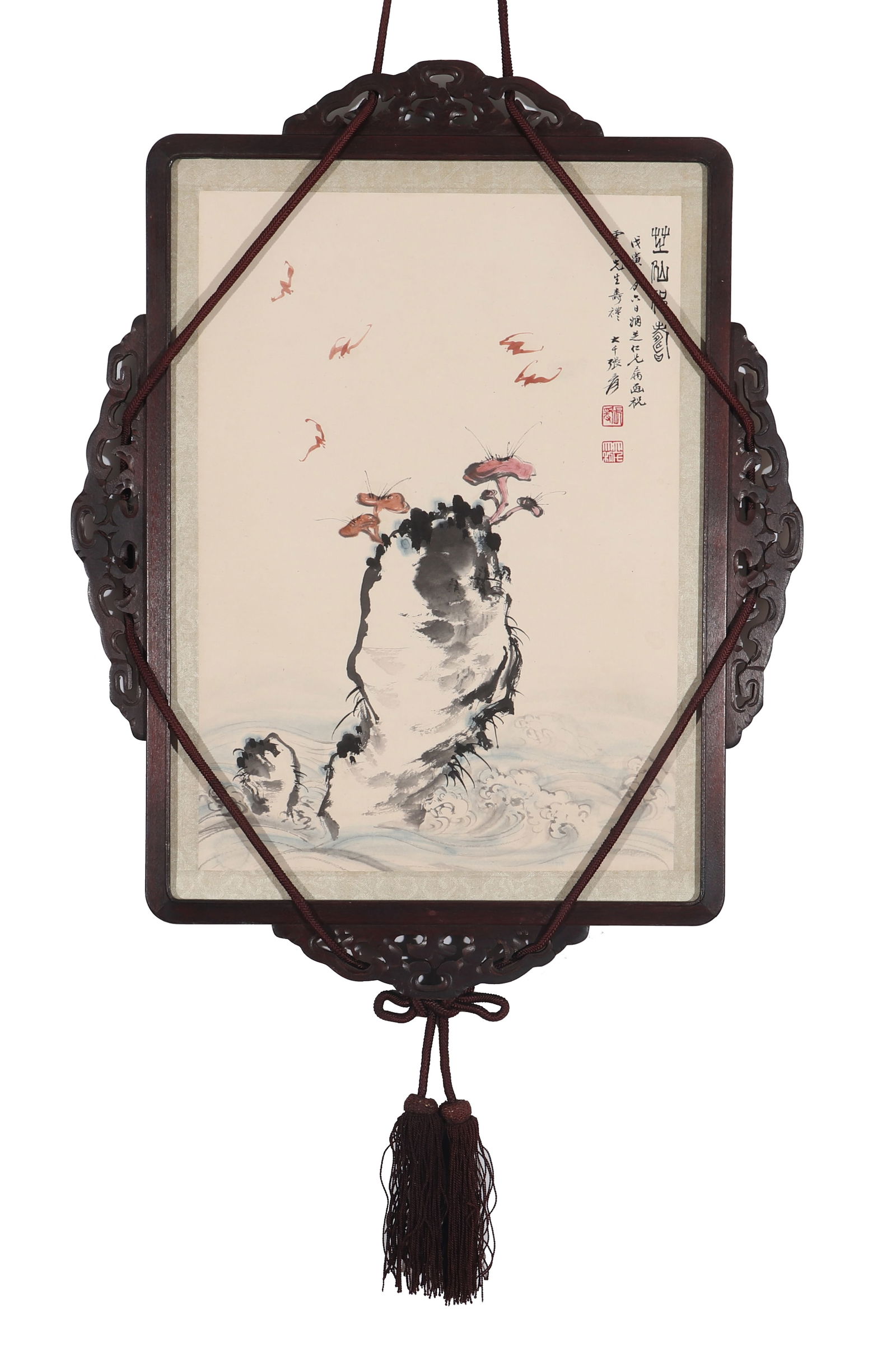 A Chinese Painting, Signed by Zhang Daqian: A Chinese painting, signed by Zhang Daqian, featuring two seals. Drawing a stone standing in the sea, with Lingzhi growing on it and bats flying on it, symbolizing happiness and longevity. Draw on pap