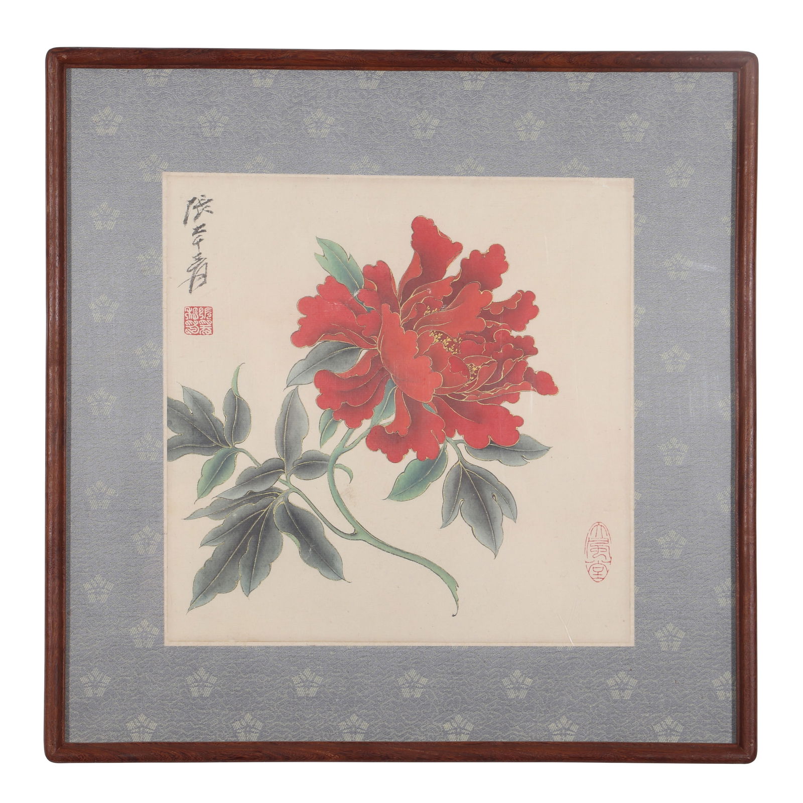 A Chinese Floral Painting, Signed by Zhang Daqian: A Chinese floral painting, signed by Zhang Daqian, featuring two seals, drawing flowers on paper in color. Mounted in a wooden frame. H: 22.5cm W: 22.5cm (painting)