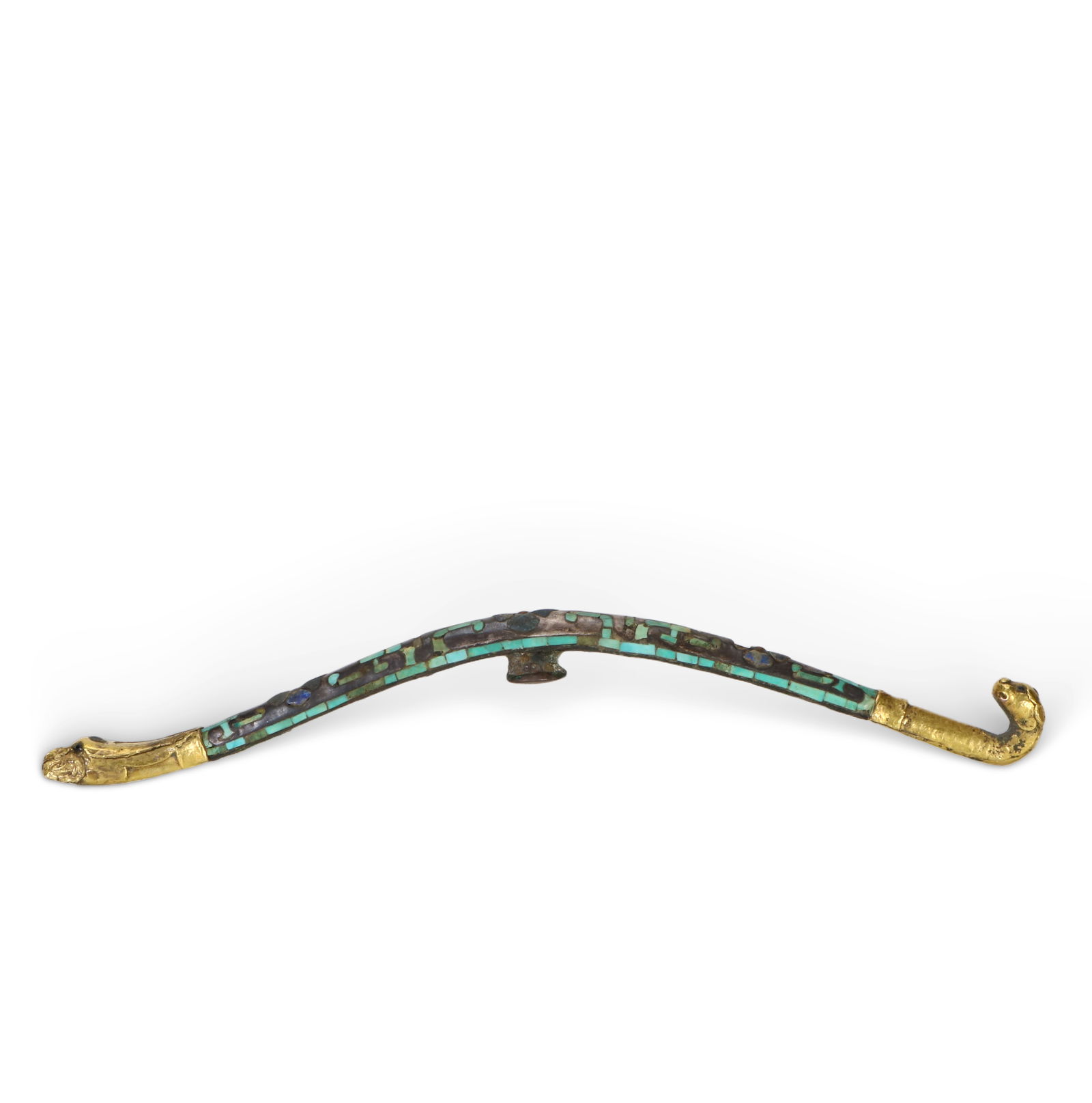 A bronze hook inlaid with gold: A small pendant made of copper inlaid with gold.H:3.3 cm W:19.2 cm