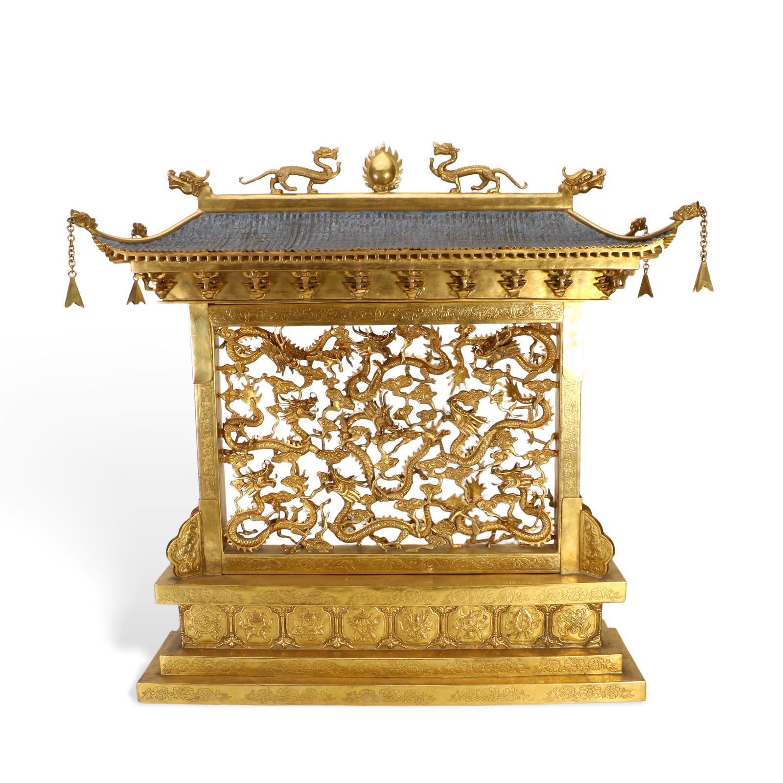 A copper gilt openwork screen carved with nine dragons and Eight Treasures patterns (1 of 13)