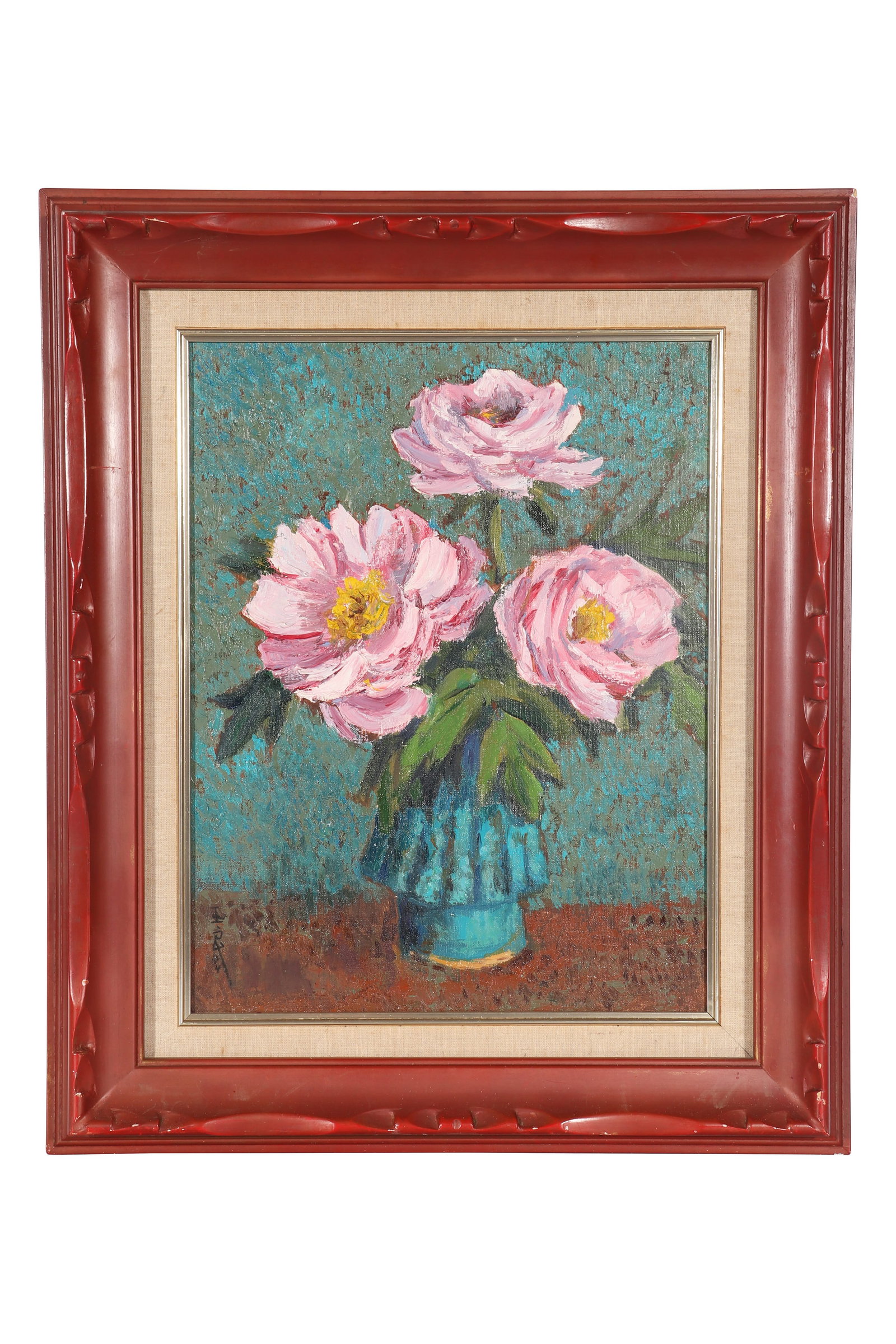 A Still Life Oil Painting, Signed by Pan Yuliang: A still life oil painting, Signed by Pan Yuliang. Drawing vases and flowers on the table with paint on canvas. There is an old author introduction label attached to the back of the painting. Mounted