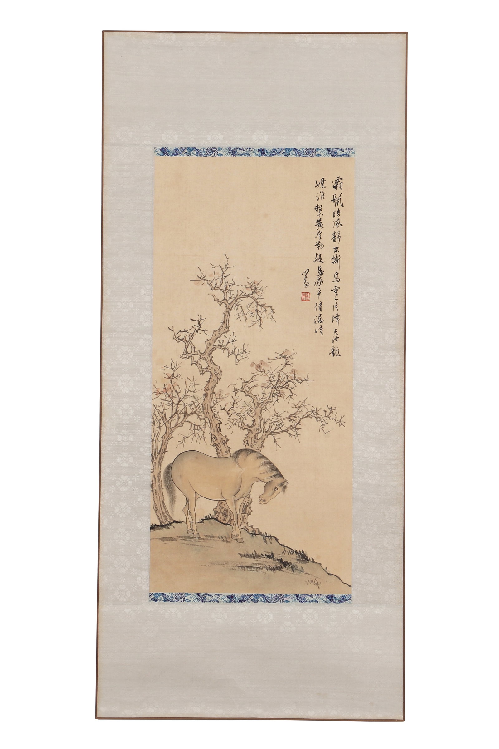A Chinese Painting, Signed by Pu Ru: A Chinese painting, signed by Pu Ru, featuring a seal. Drawing a horse standing under a tree in color on paper. Mounted in the form of mirror centers. H: 56.5cm W: 26cm (painting)