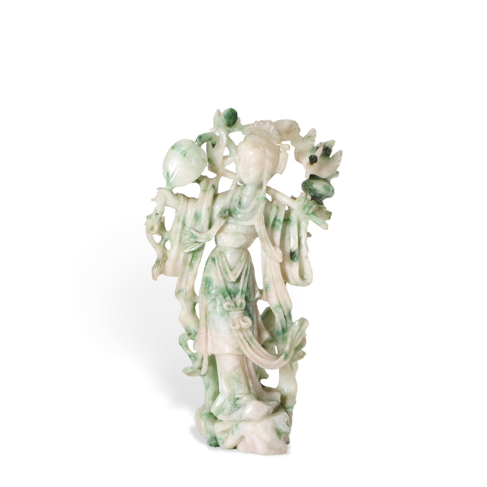 A Chinese jade fairy ornament: Height 18.5 cm, Width 10.5 cm, Thickness 5 cm