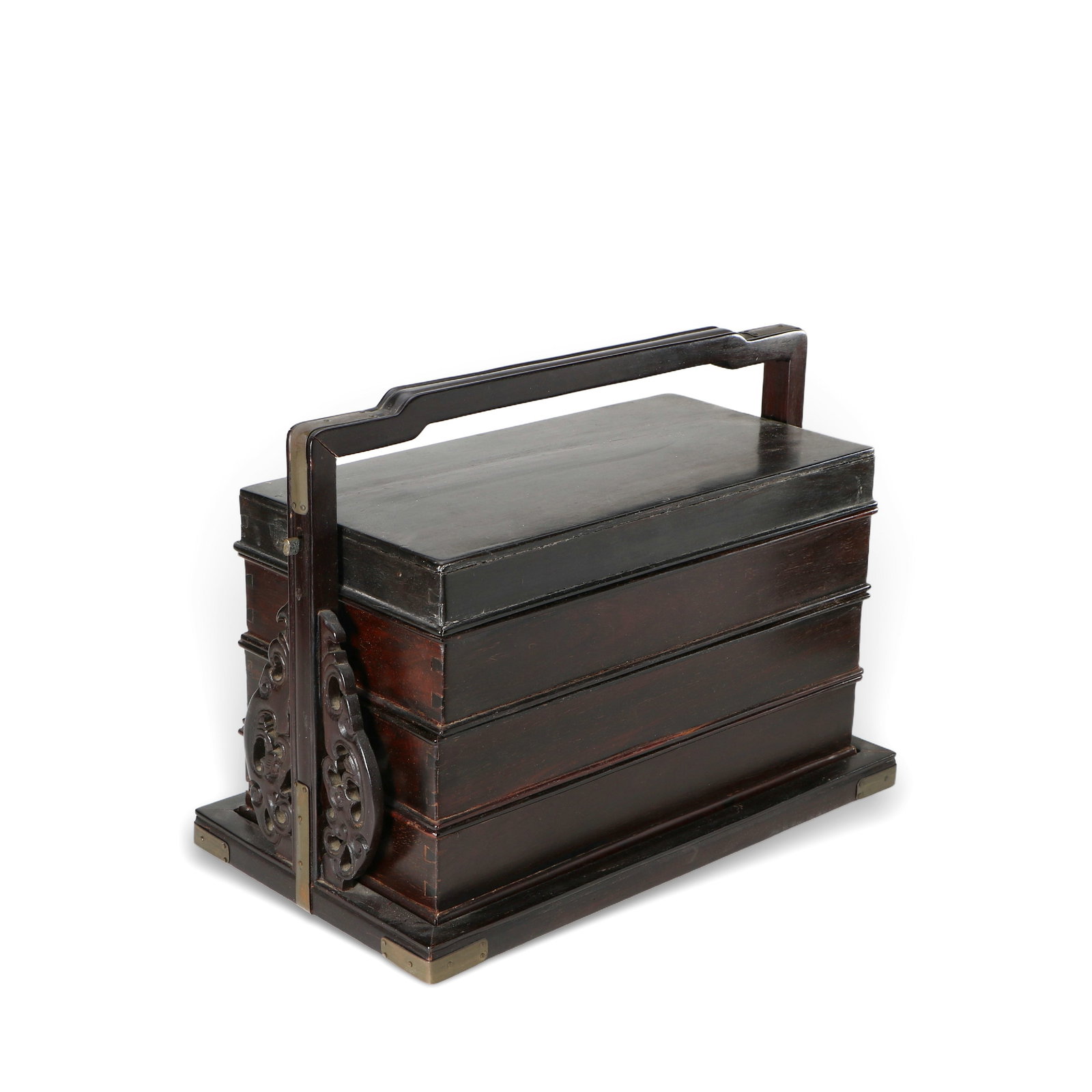 A multi-layer rosewood box: There are carved decorations on both sides of the handle, height 26cm, length 34.5cm, width 19cm