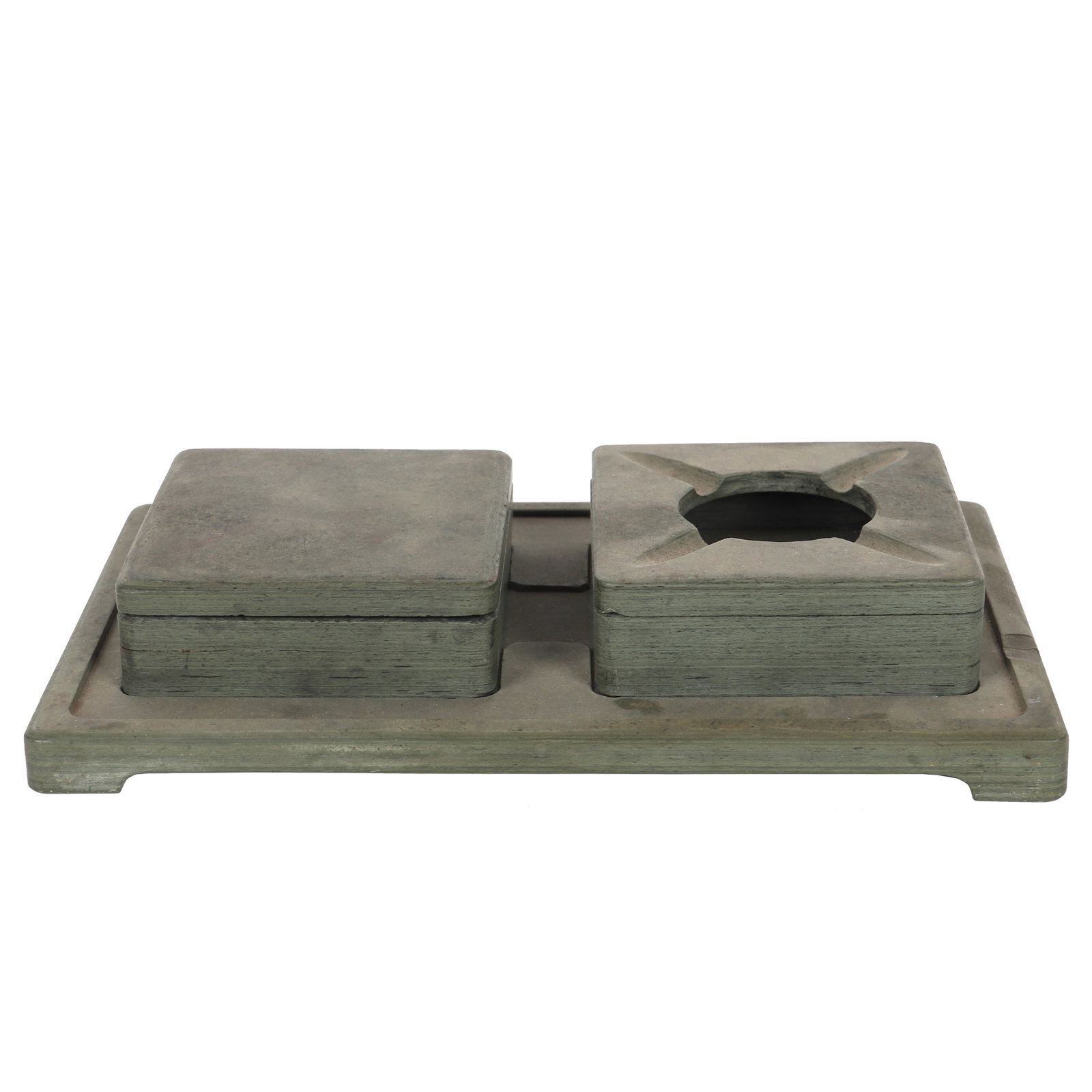 A Set of Ink Cartridges: A set of ink cartridges made of stone, the box can be opened, and the lid is engraved with text inside. H: 2.7cm L: 9cm W: 8.2cm x2, H: 3.8cm L: 21.5cm W: 13.5cm (Tray)