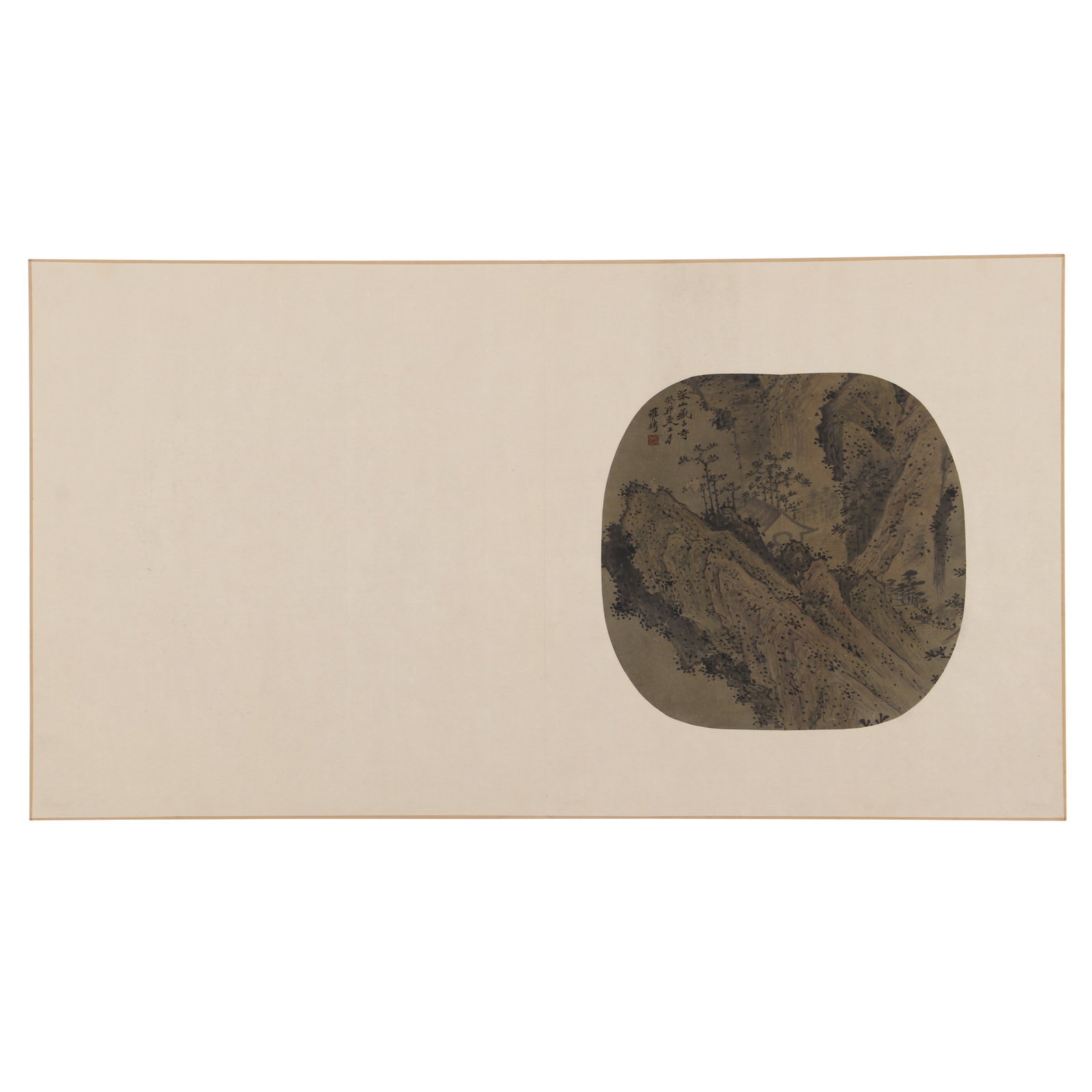 A Folded Painting, Signed by Luo Pin: A foldable painting with an irregularly round canvas featuring mountains, water, trees, and houses, with a seal. Painted on silk with ink. H: 27.5cm W: 28.5cm (painting)