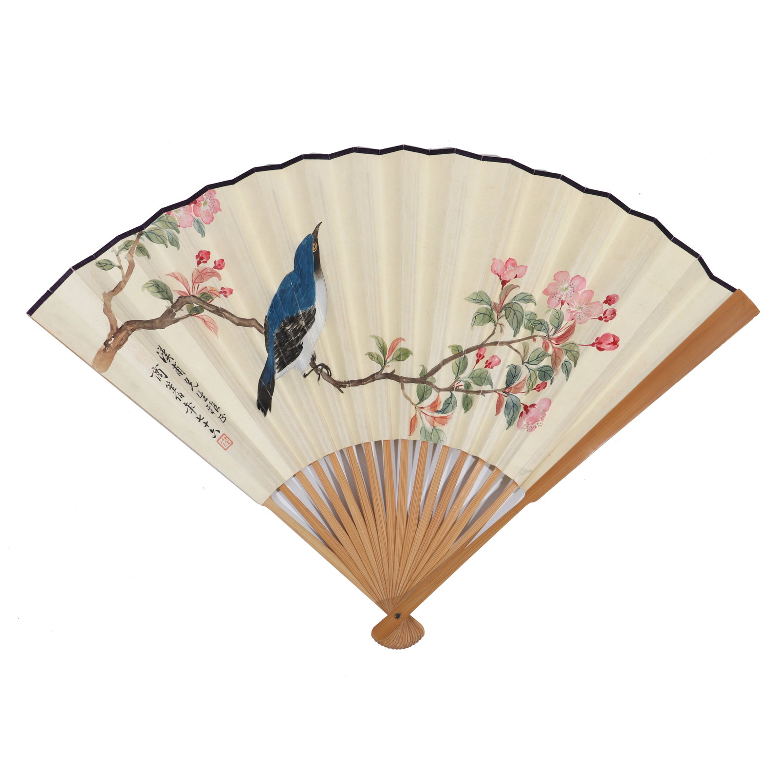 A Chinese Folding Fan, Signed by Shang Shengbo, Written in calligraphy by Wang Fu'an: A Chinese folding fan, there are colorful paintings of flowers and birds on the front, with the signature and seal of Shang Shengbo. On the back, there is calligraphy written by Wang Fu'an with a