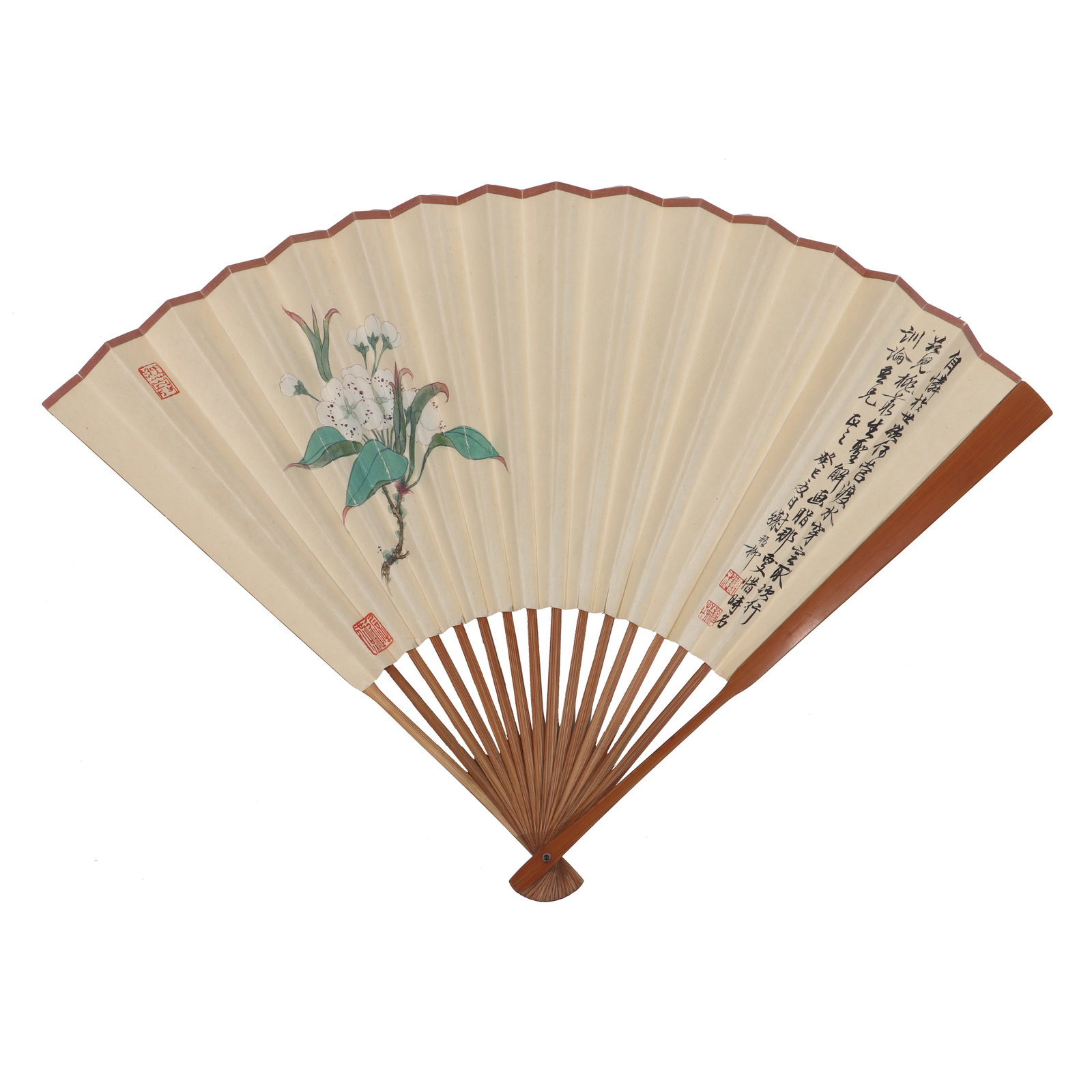 A Chinese Folding Fan, Signed by Xie Zhiliu, Written in calligraphy by Shen Yinmo: A Chinese folding fan, there are colorful paintings of flowers on the front, with the signature and seal of Xie Zhiliu. On the back, there is calligraphy written by Shen Yinmo with a seal. H: 31cm W: 