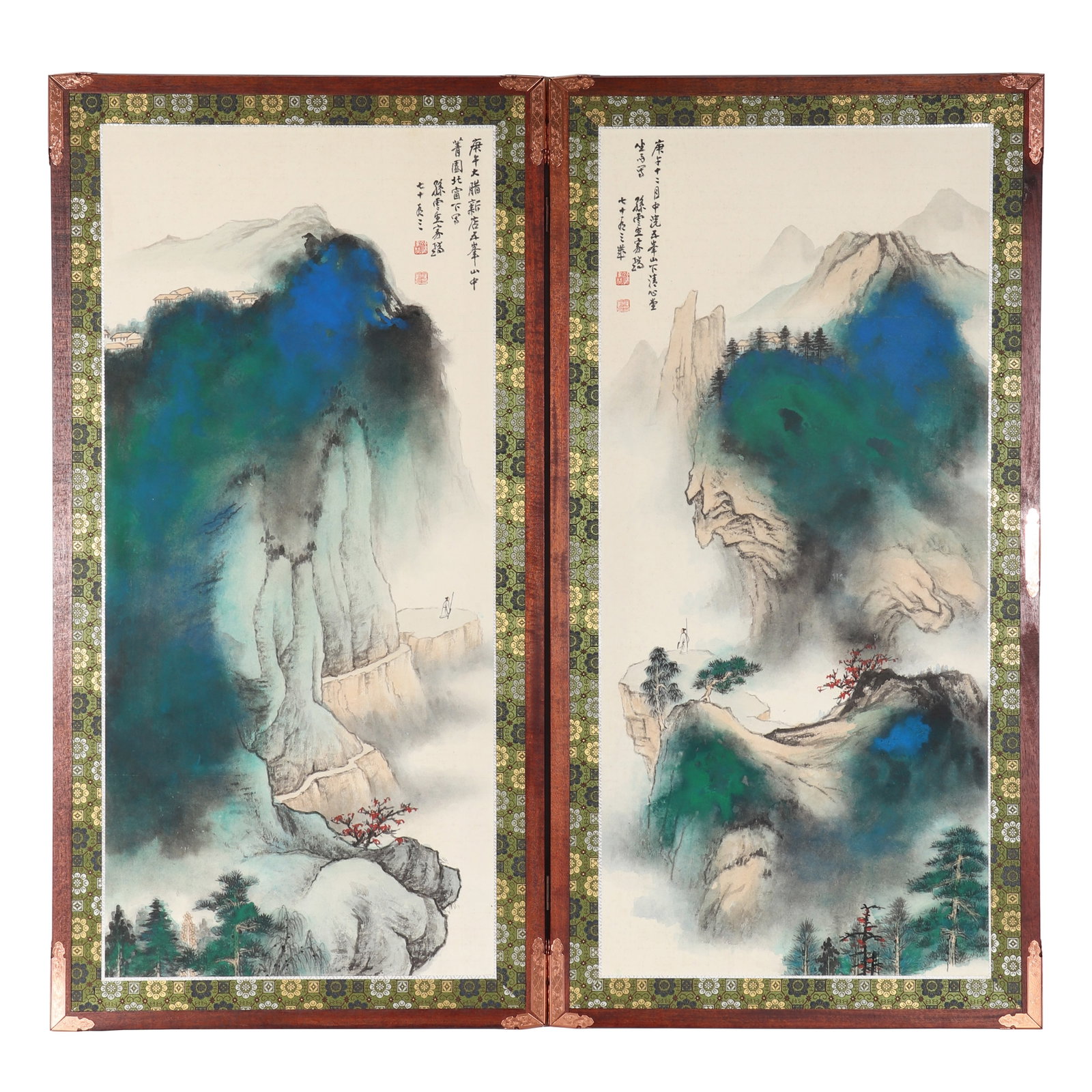 A Splashed Color Landscape Screen, Signed by Sun Yunsheng: A splashed color landscape screen, Signed by Sun Yunsheng, featuring some seals, drawing landscapes on paper in color. H: 94.5cm W: 43.5cm X2 (painting)