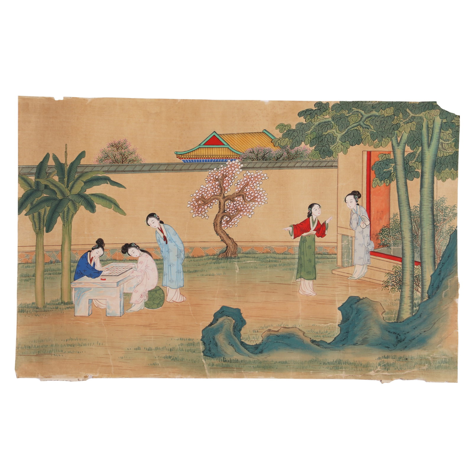 A Traditional Chinese Painting: A traditional Chinese painting, drawing several women in the courtyard on silk with colors. H: 53cm W: 83cm (painting)