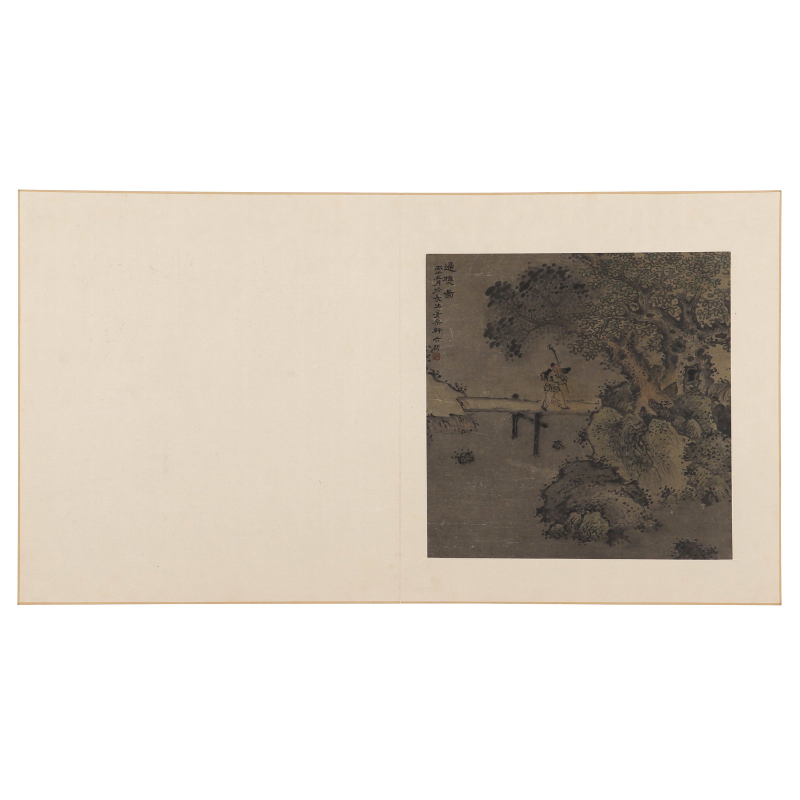 A Folded Painting, Signed by Su Liupeng: A foldable painting with a square canvas depicting a man walking on a bridge, with stone river trees lining the banks. Signed by Su Liupeng, featuring a seal. Likely a work by Qing Dynasty painter Su 