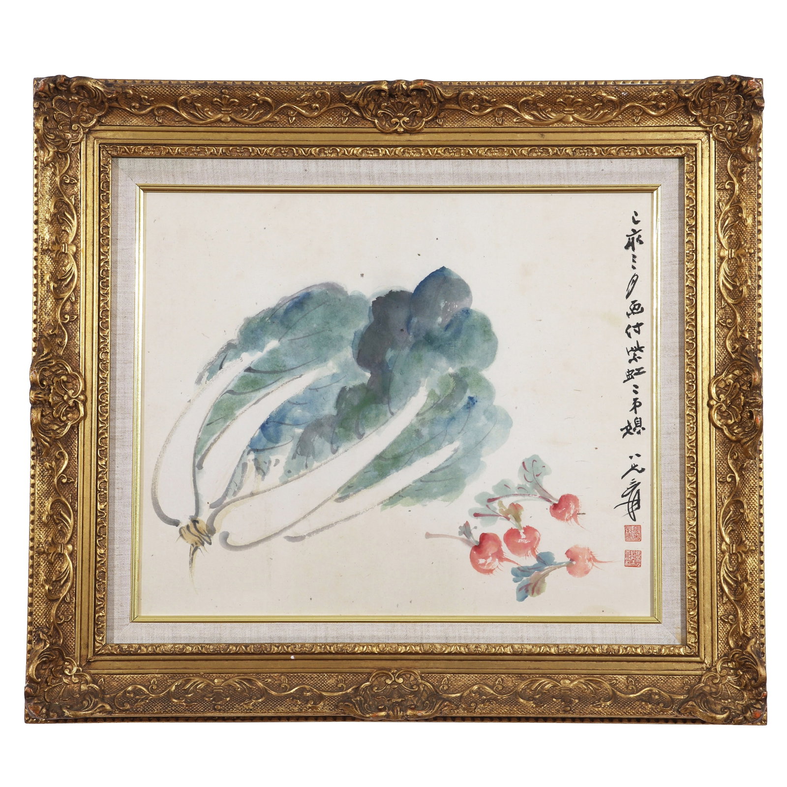 A Chinese Painting, Signed by Zhang Daqian: A Chinese painting, signed by Zhang Daqian, featuring two seals, drawing Cabbage and radishs on paper in color. Mounted in a beautiful frame. H: 23cm W: 32cm (painting)