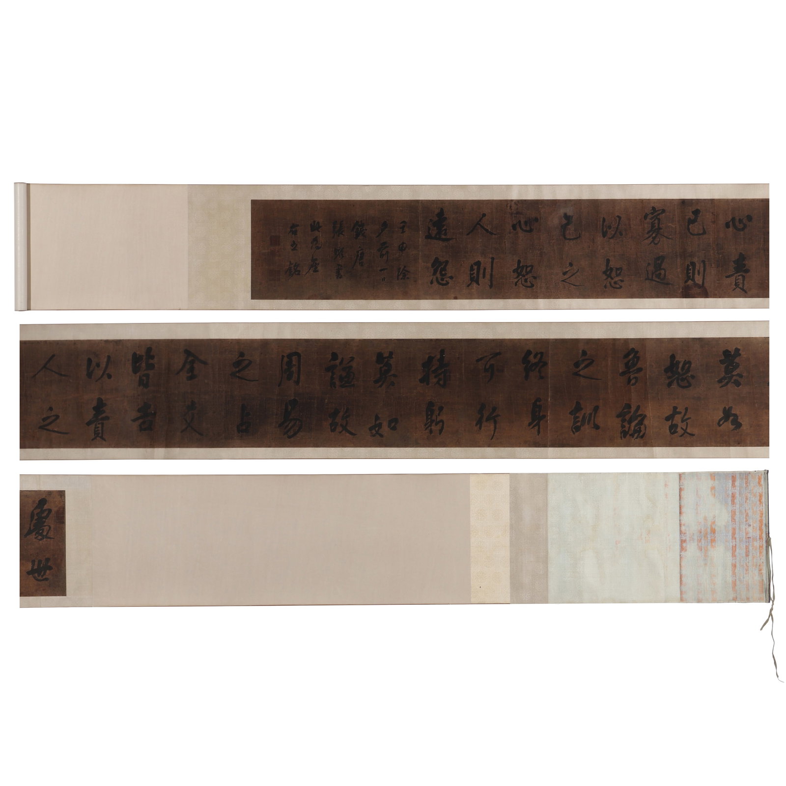 A Chinese Calligraphy Hand Croll, Signed by Zhang Wei: A Chinese calligraphy hand croll, Signed by Zhang Wei, featuring three seals, written in ink on paper. H: 28cm W: 341cm (painting)
