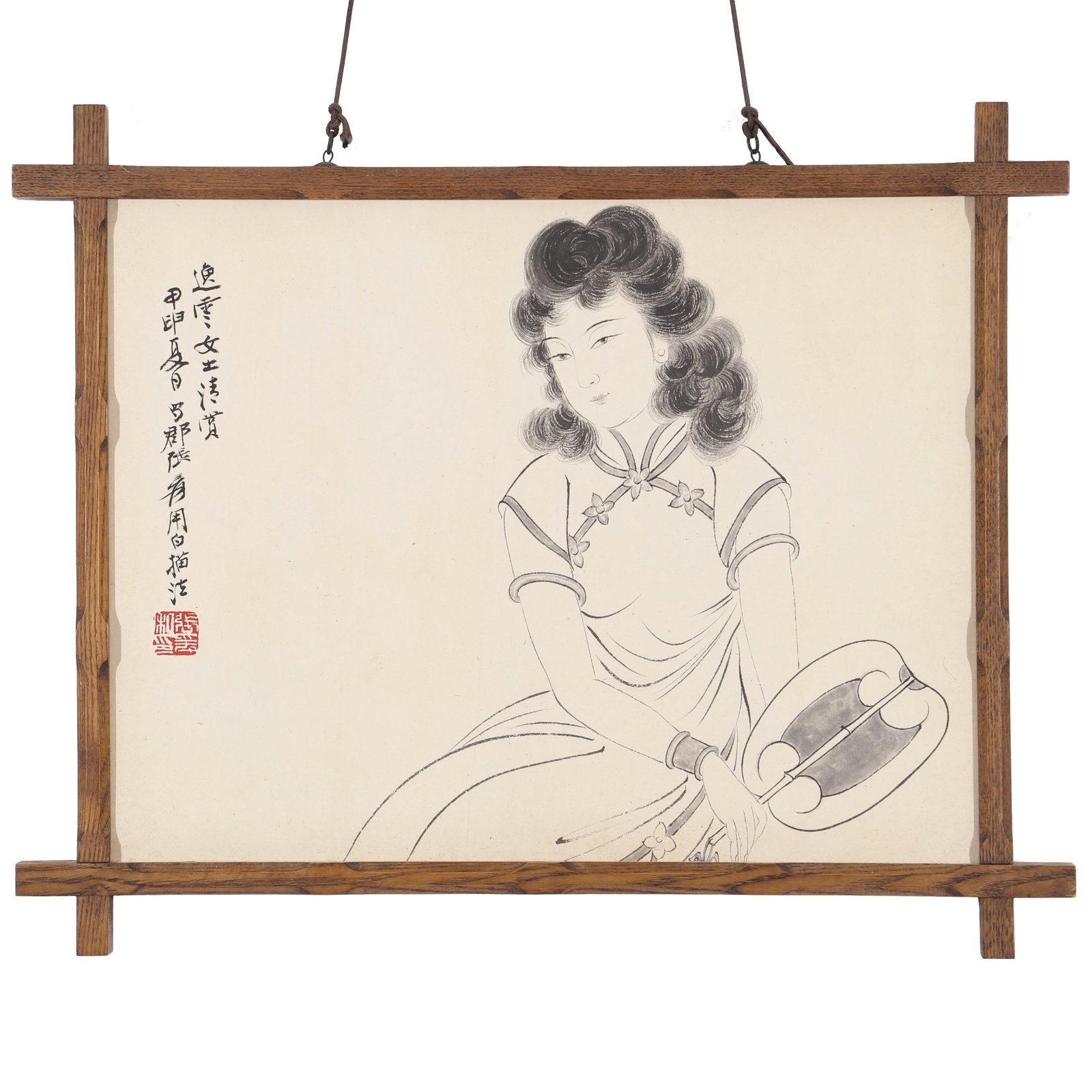 A Chinese Ink Figure Painting, Signed by Zhang Daqian: A Chinese ink figure painting, signed by Zhang Daqian, featuring a seal. Drawing a Chinese woman on paper with ink. Mounted in a wooden frame. H: 29.5cm W: 38.5cm (painting)