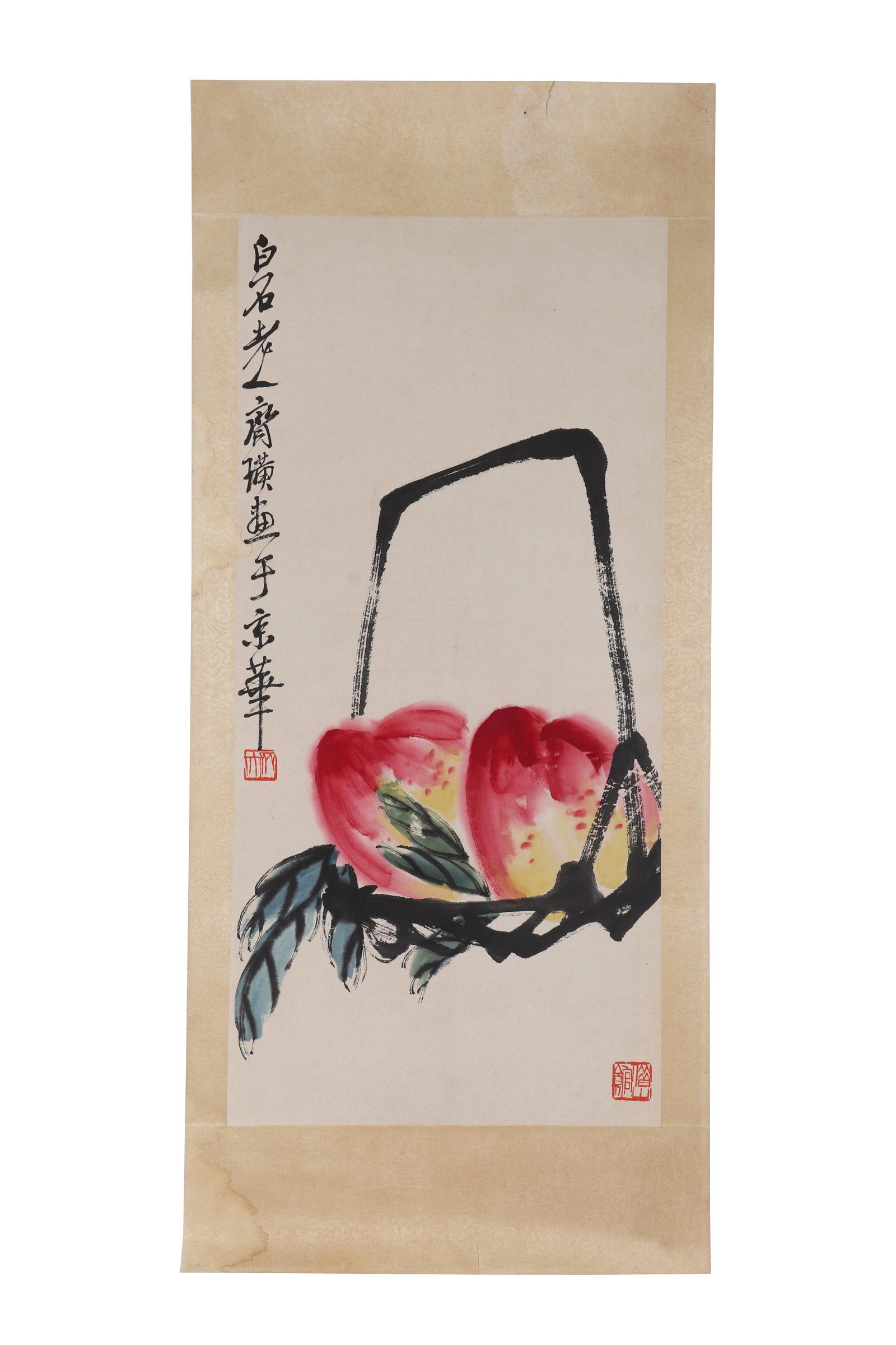 A Chinese Painting, Signed by Qi Baishi: A Chinese painting, signed by Qi Baishi, featuring two seals. Drawing peaches in a basket with colors on paper symbolizes longevity. There is an introduction label on the back of the painting. Mounted