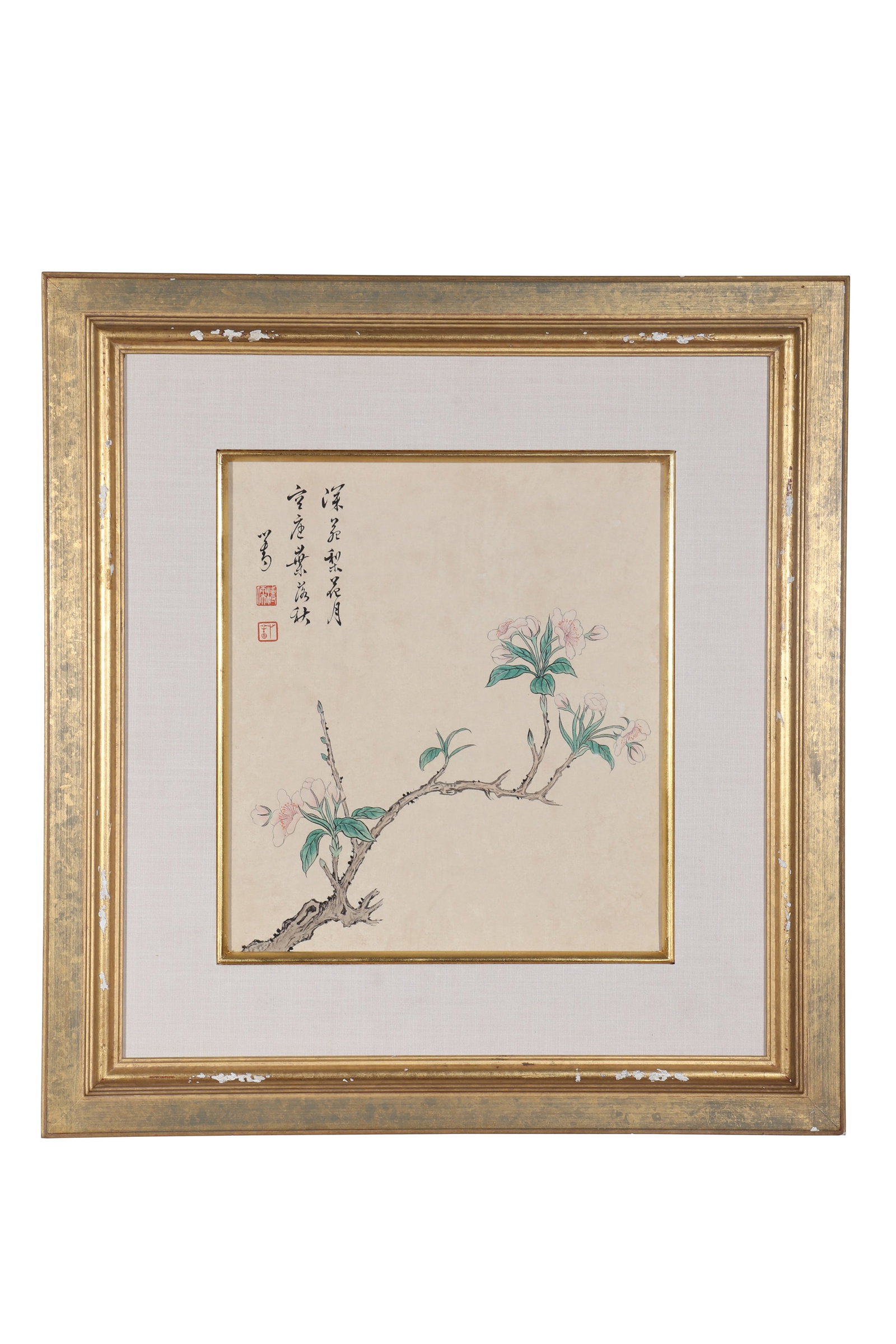 A Chinese Floral Painting, Signed by Pu Ru: A Chinese floral painting, signed by Pu Ru, featuring two seals, drawing flowers on paper in color. Mounted in a beautiful frame. H: 26.5cm W: 23.5cm (painting)