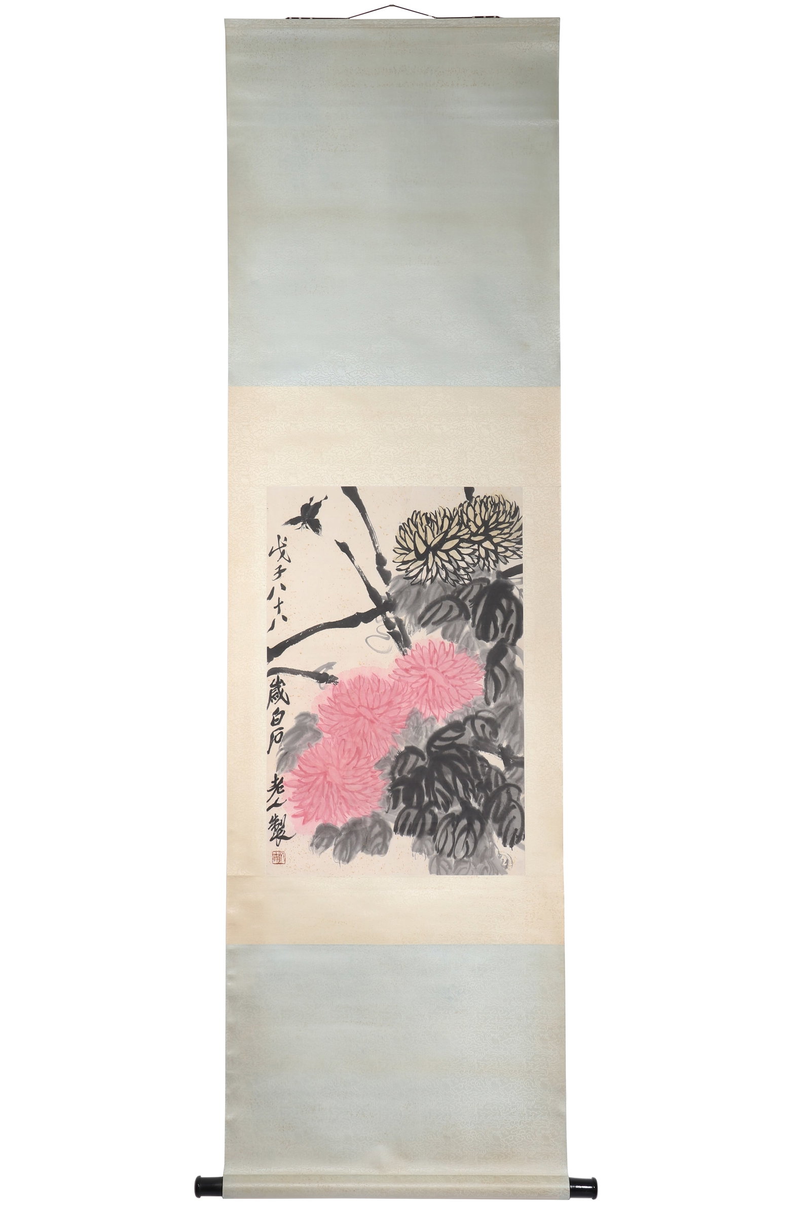 A Chinese Floral Painting, Signed by Qi Baishi: A Chinese floral painting, Signed by Qi Baishi, featuring a seal. Drawing a butterfly and some flowers in color on paper. Hanging scroll. H: 68.5cm W: 45.5cm (painting)