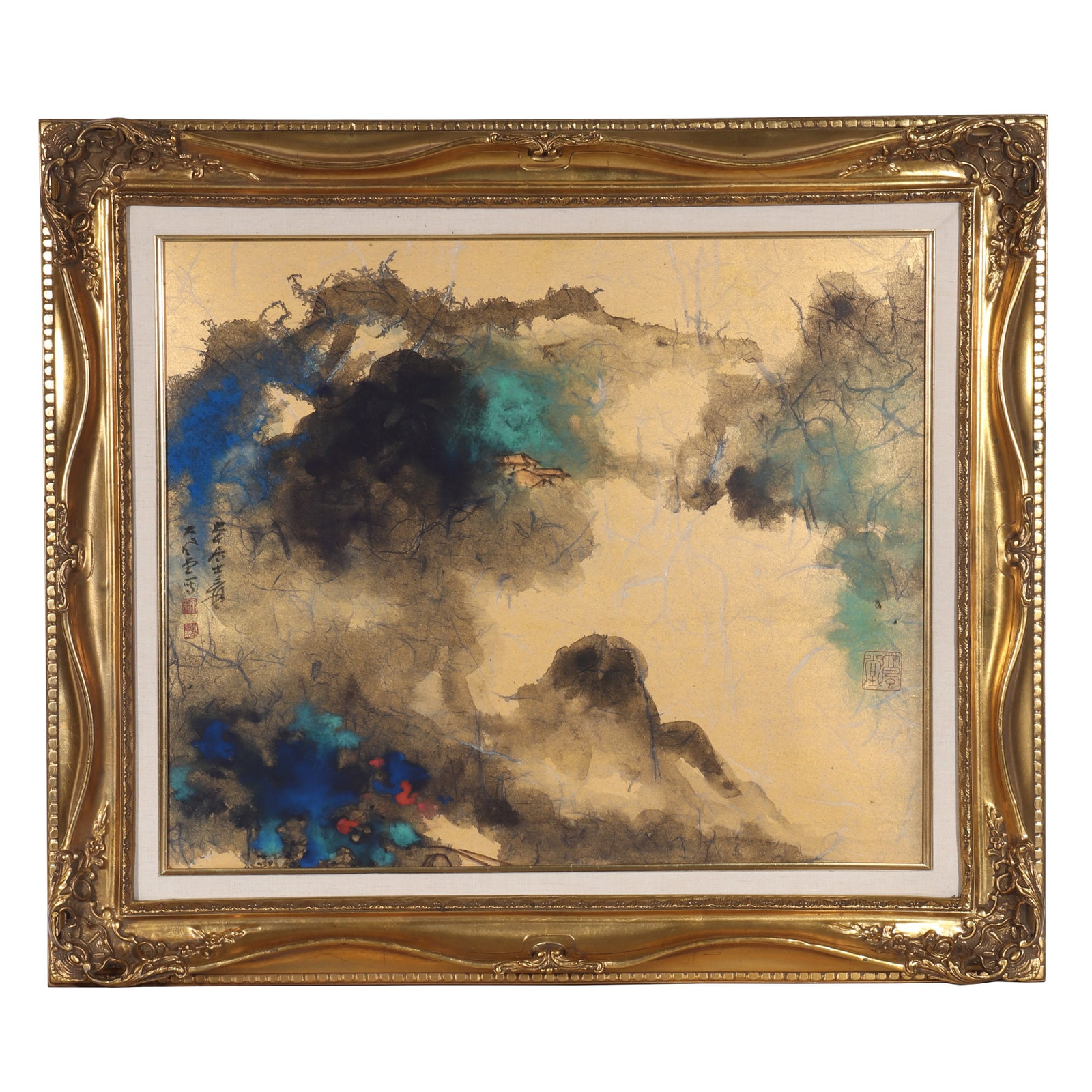 A Splashed Color Landscape Painting, Signed by Zhang Daqian: A splashed color landscape painting, Signed by Zhang Daqian, featuring some seals, drawing landscapes on paper in color. There is an old author introduction label attached to the back of the painting.