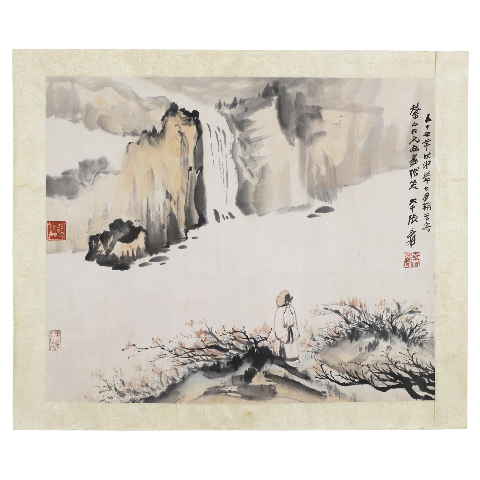 A Chinese Painting, Signed by Zhang Daiqian: A Chinese painting, Signed by Zhang Daiqian, featuring three seals. Drawing a person on paper looking at mountains and waterfalls. Mounted in the form of mirror centers. H: 50.5cm W: 60cm (painting)