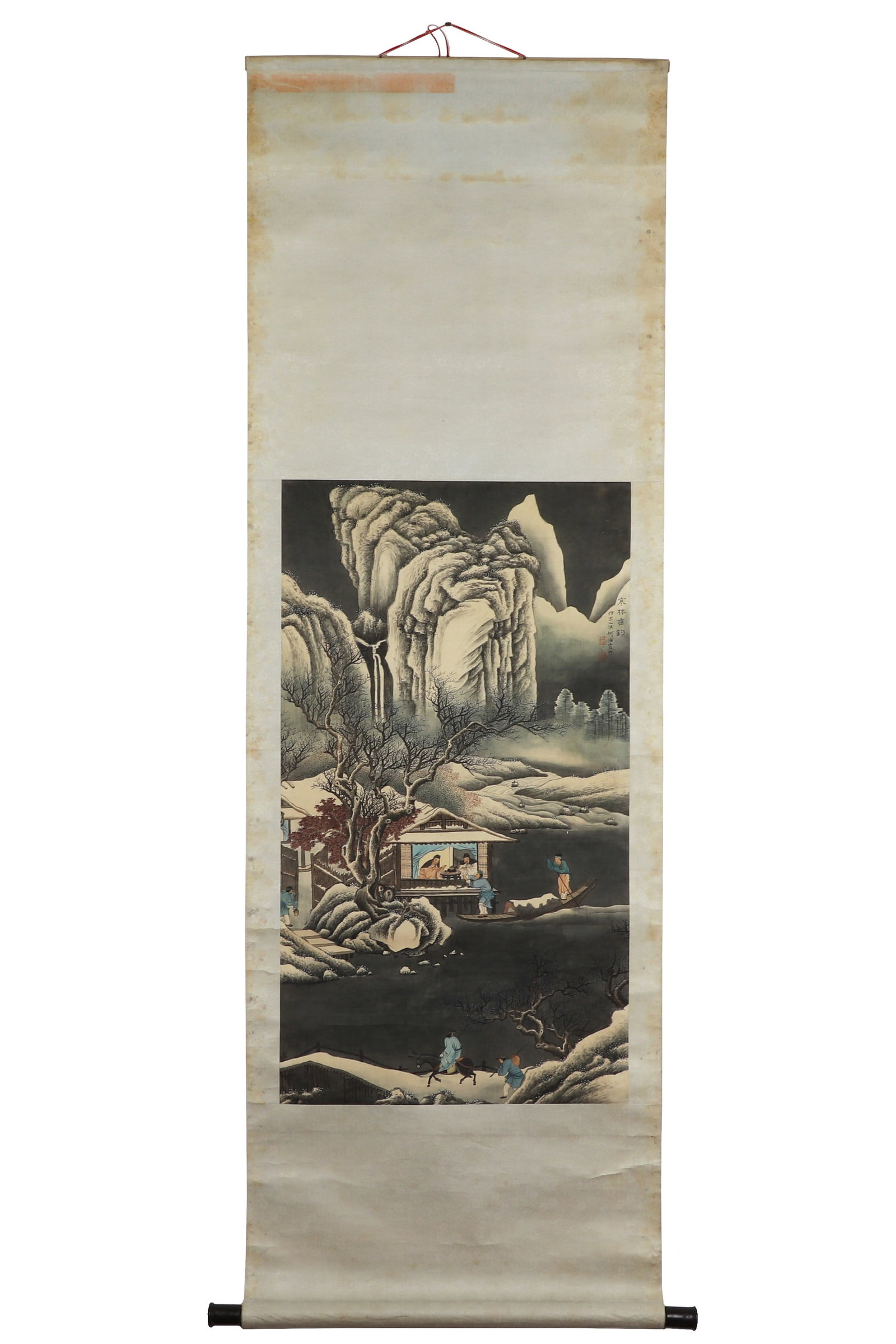 A Chinese Painting, Signed by He Haixia: A Chinese painting, signed by He Haixia, featuring two stamps, depicting mountains, waters, and figures on silk. Hanging scroll. H:120cm W:62cm (painting)