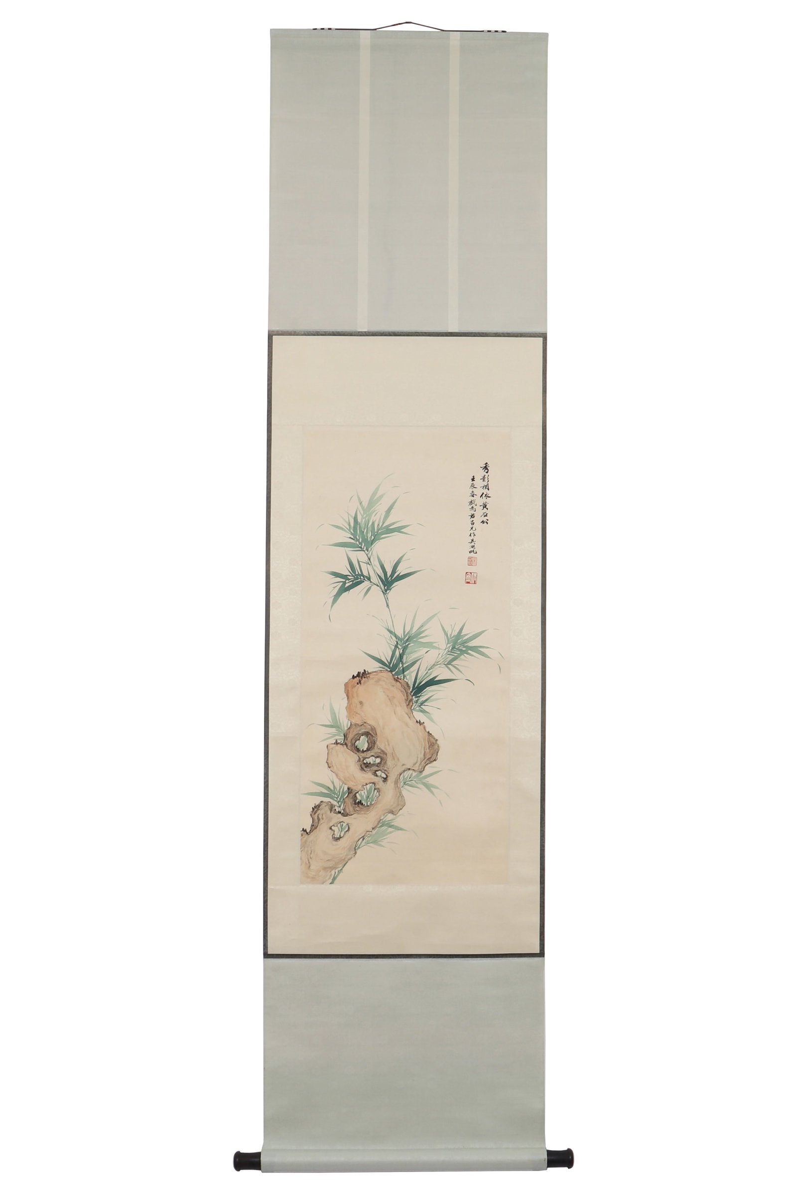 A Bamboo Painting, Signed by Wu Hufan: A bamboo painting, signed by Wu Hufan, featuring two seals. Drawing some bamboo and stones on paper in color. Hanging scroll. H: 83.5cm W: 38cm (painting)