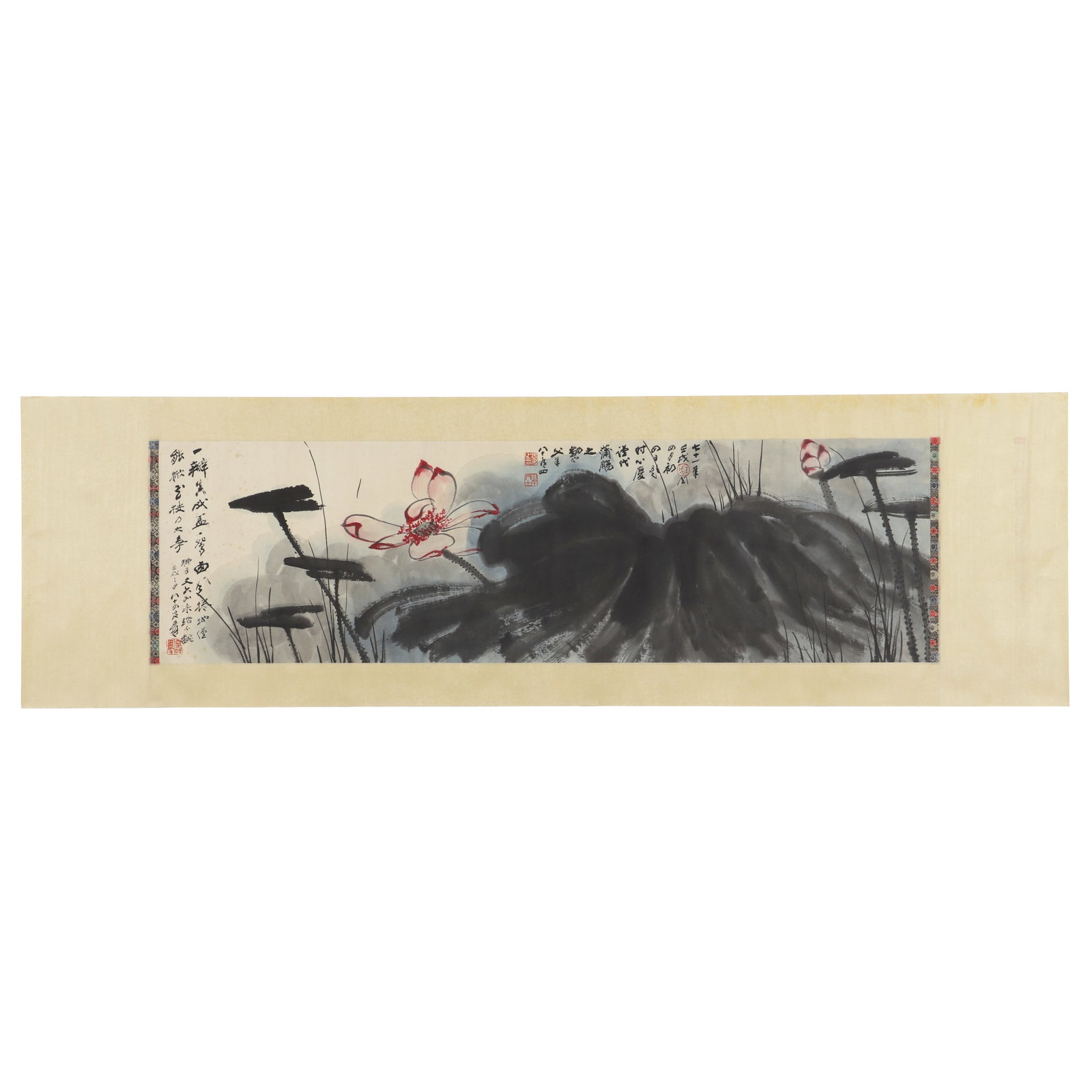 A Chinese Painting, Signed by Zhang Daiqian: A Chinese painting, signed by Zhang Daqian, featuring four seals. Drawing some lotus flowers and leaves on paper with colors and ink. H: 34.5cm W: 119cm (painting)