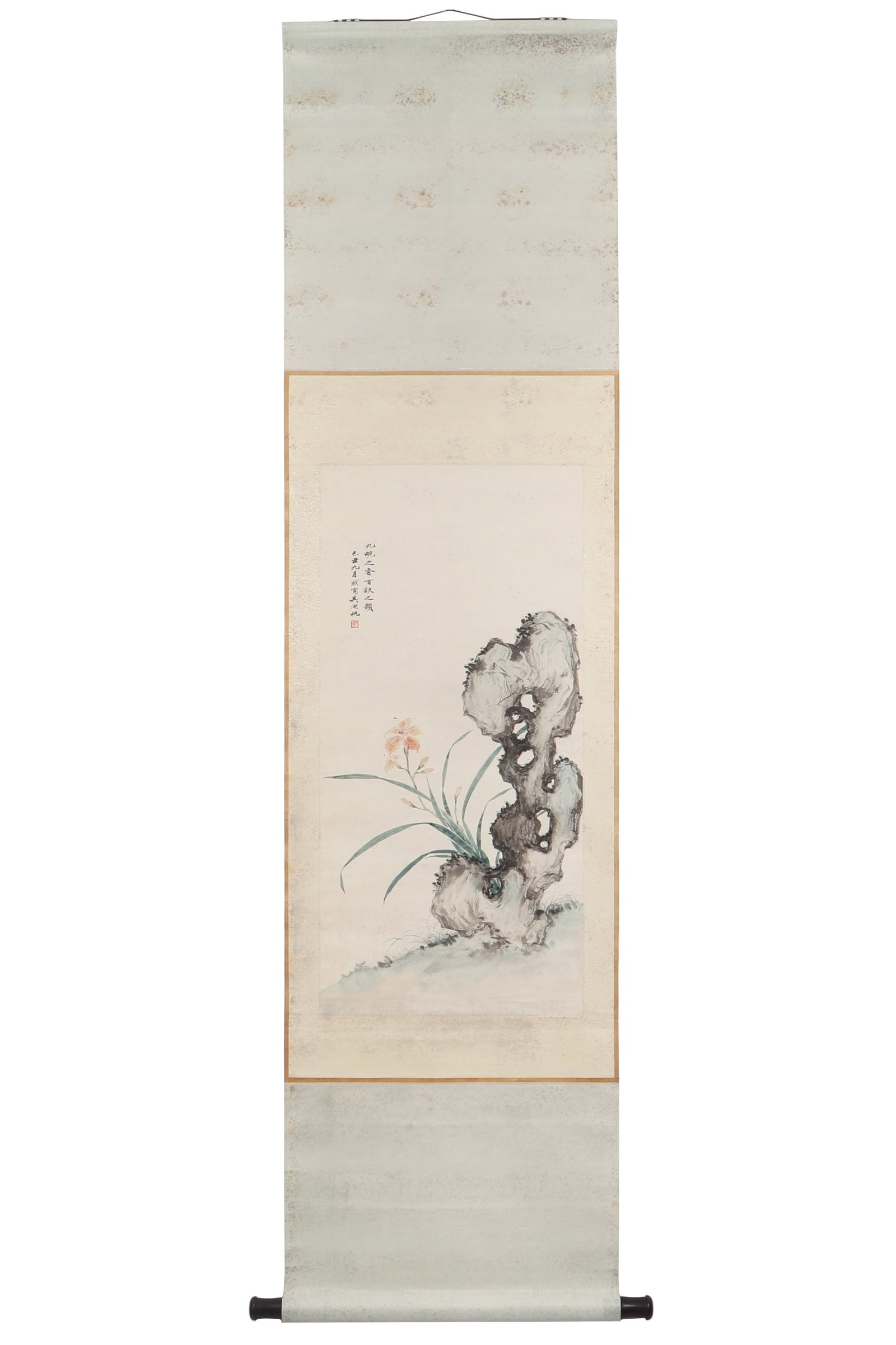 A Chinese Floral Painting, Signed by Wu Hufan: A Chinese floral painting, signed by Wu Hufan, featuring a seal, drawing orchids and stones on paper in color. Hanging scroll. H: 83cm W: 39.5cm (painting)