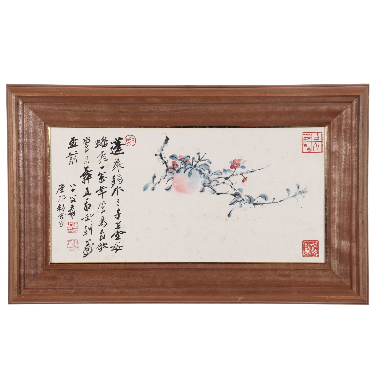A Chinese Floral Painting, Signed by Zhang Daqian: A Chinese floral painting, signed by Zhang Daqian, featuring some seals, drawing flowers on paper in color. Mounted in a beautiful frame. H: 24cm W: 49cm (painting)