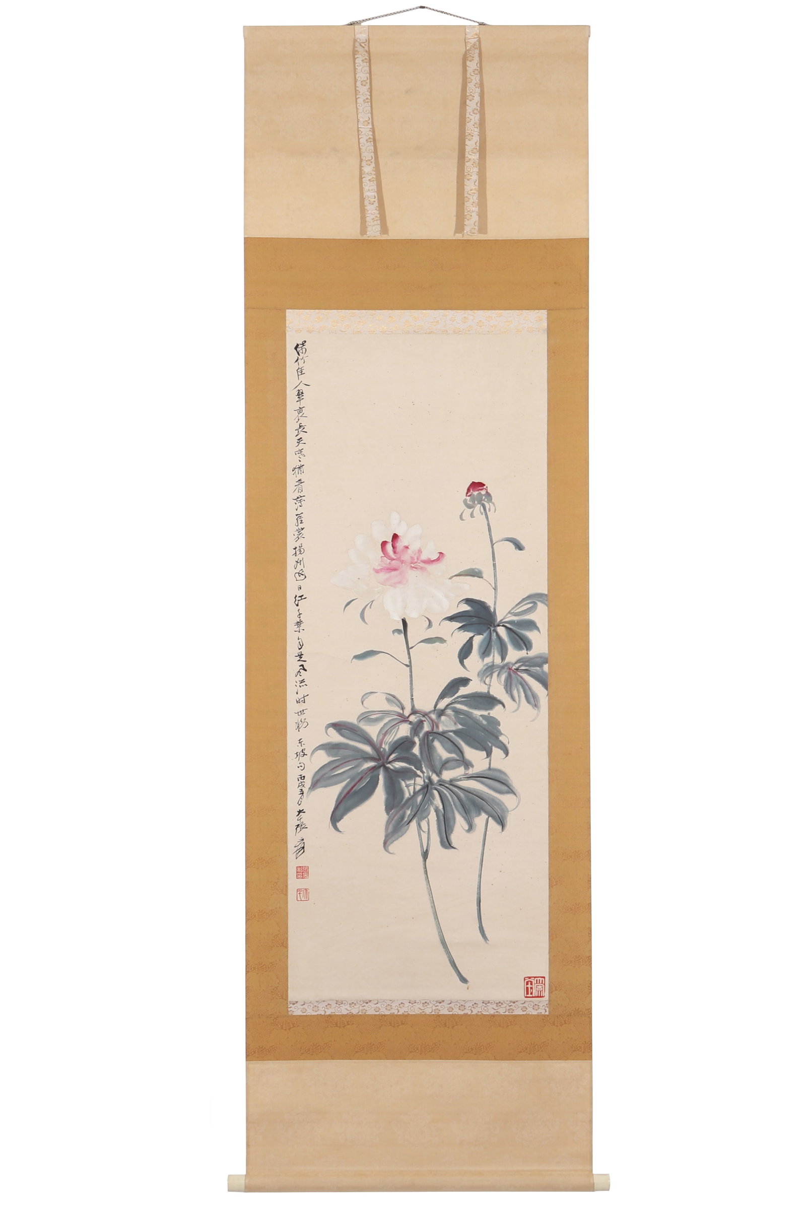 A Chinese Floral Painting, Signed by Zhang Daqian: A Chinese floral painting, signed by Zhang Daqian, featuring three seals, drawing peonies on paper in color. Hanging scroll. H: 105cm W: 41cm (painting)