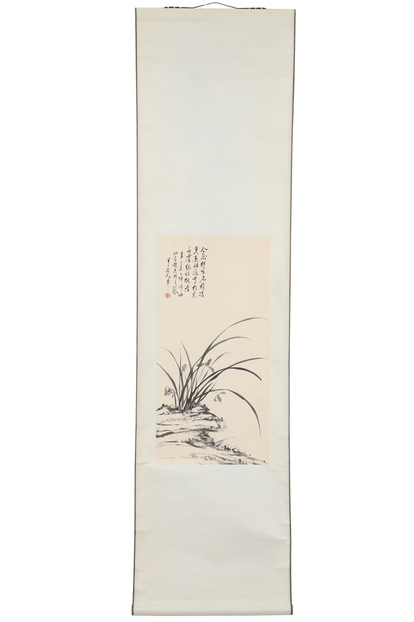A Ink and Wash Flower Painting, Signed by Chen Banding: A ink and wash flower painting, Signed by Chen Banding, featuring a seal. Drawing some orchids and stones on paper with ink. Hanging scroll. H: 66cm W: 33cm (painting)