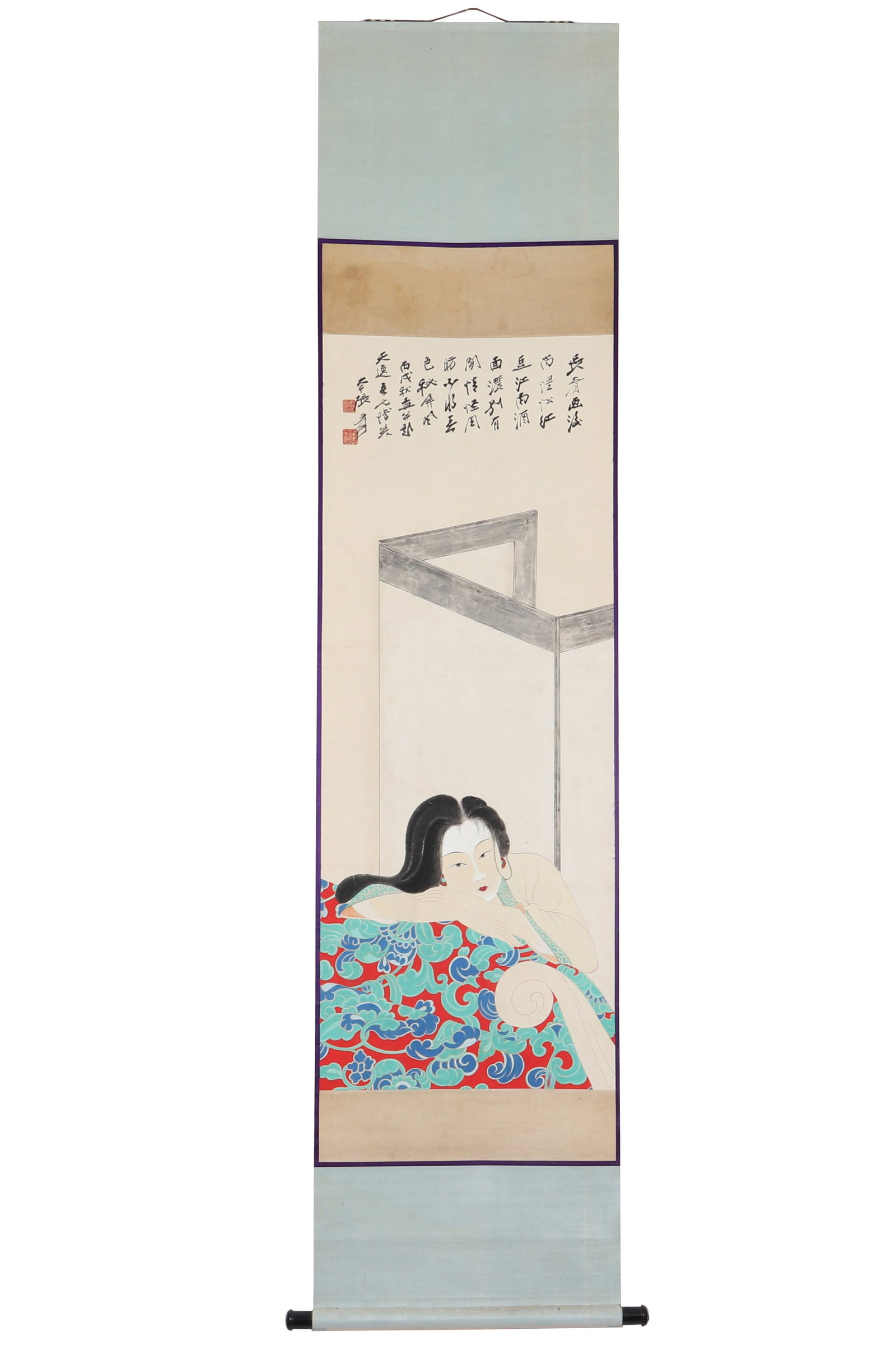 A Painting of A Lady, Signed by Zhang Daqian: A painting of a lady, signed by Zhang Daqian, featuring two seals. Drawing a lady in the room on paper in color, with a poem, signature, and seal written at the top of the painting. Hanging scroll. H: