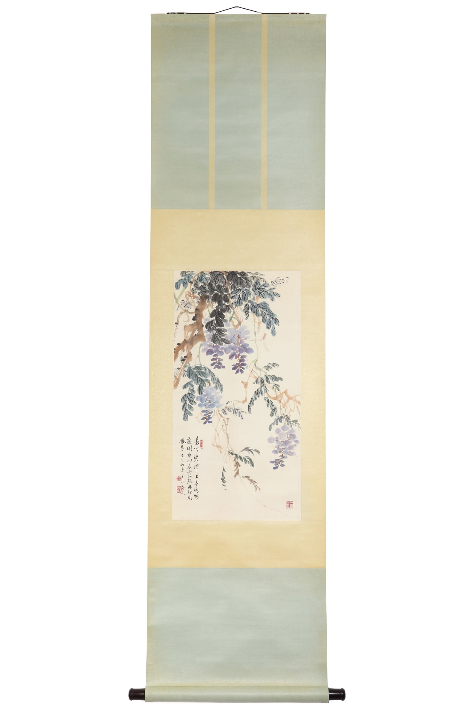 A Chinese Floral Painting, Signed by Chen Banding: A Chinese floral painting, Signed by Chen Banding, featuring some seals. Drawing some blooming wisteria flowers in color on paper. Hanging scroll. H: 68.5cm W: 35cm (painting)