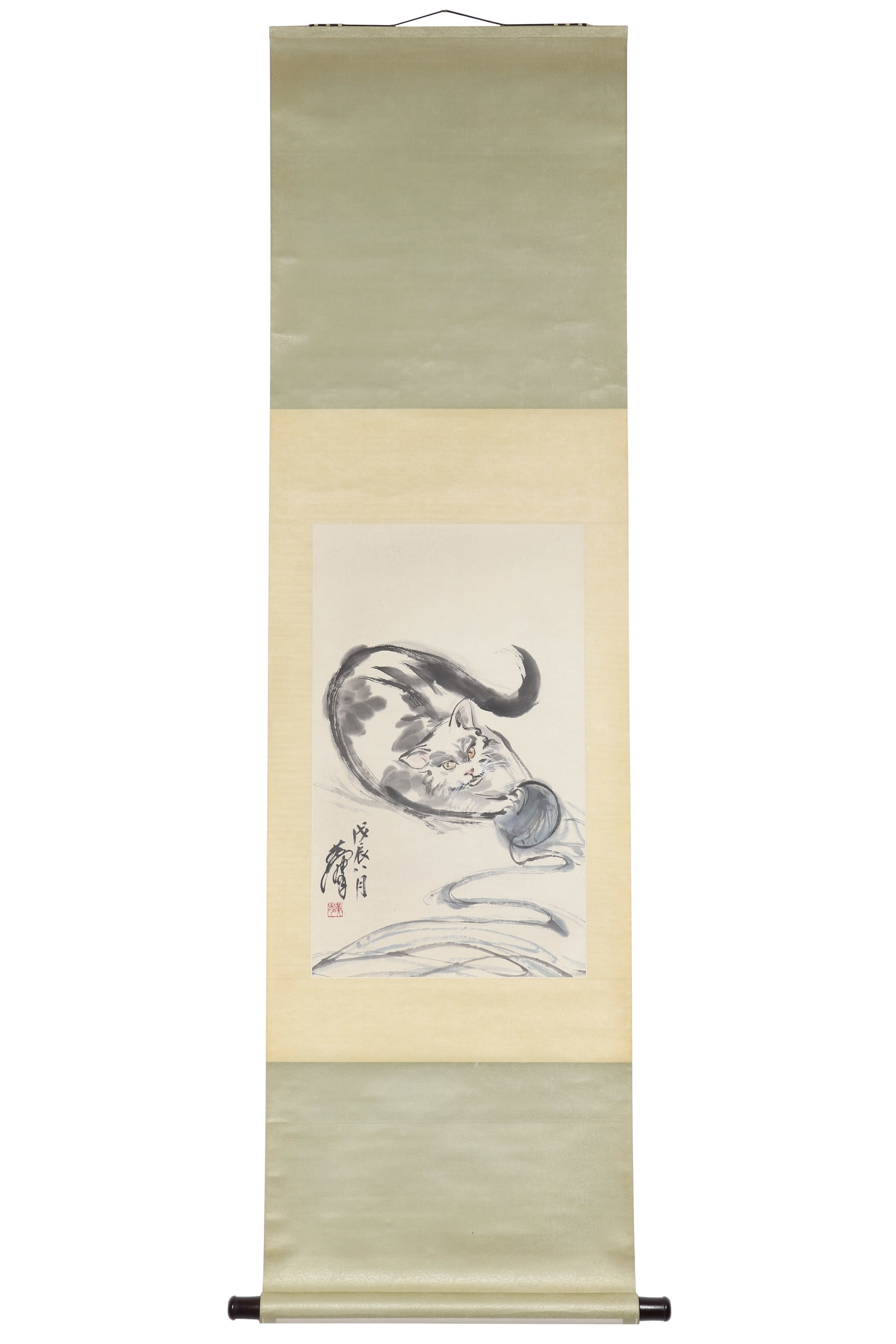 A Chinese Painting, Signed by Huang Zhou: A Chinese painting, Signed by Huang Zhou, featuring a seal. Drawing a cat is playing with a ball of string in color on paper. Hanging scroll. H: 65 W: 39cm (painting)