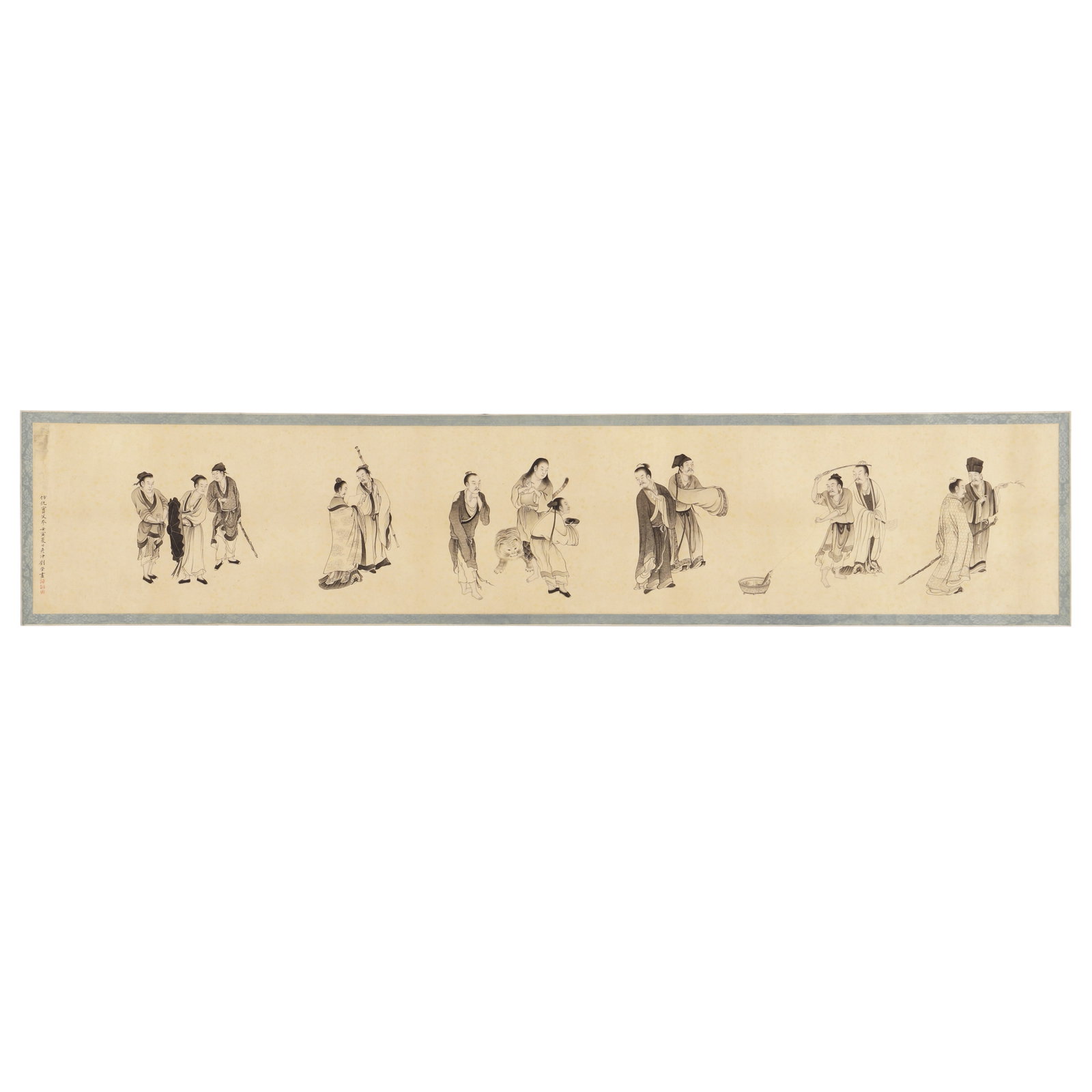 A Chinese Ink Painting, Signed by Liu Yanchong: A Chinese ink painting, signed by Liu Yanchong, featuring three seals, drawing several different people on paper with ink. H: 23.5cm W: 129cm (painting)