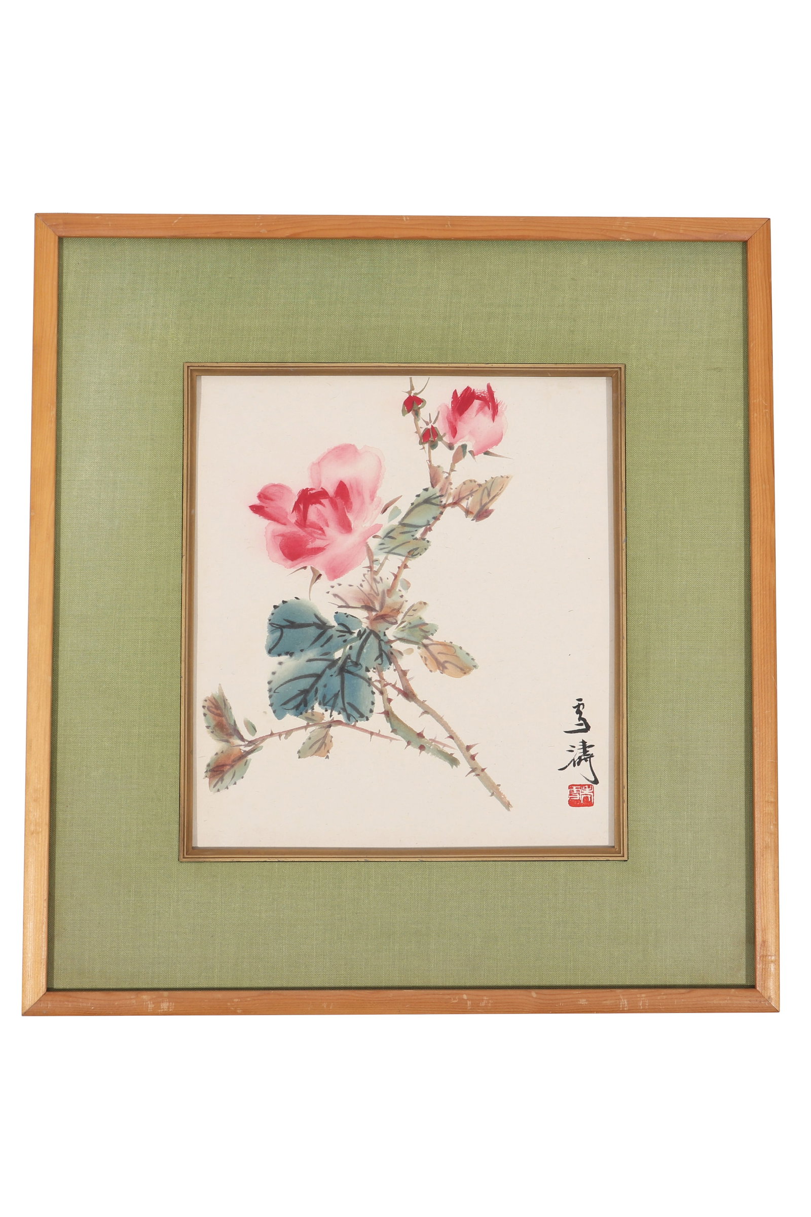 A Chinese Floral Painting, Signed by Wang Xuetao: A Chinese floral painting, Signed by Wang Xuetao, featuring a seal. Drawing flowers in color on paper. Mounted in a wooden picture frame. H: 26.5cm W: 23.5cm (painting)