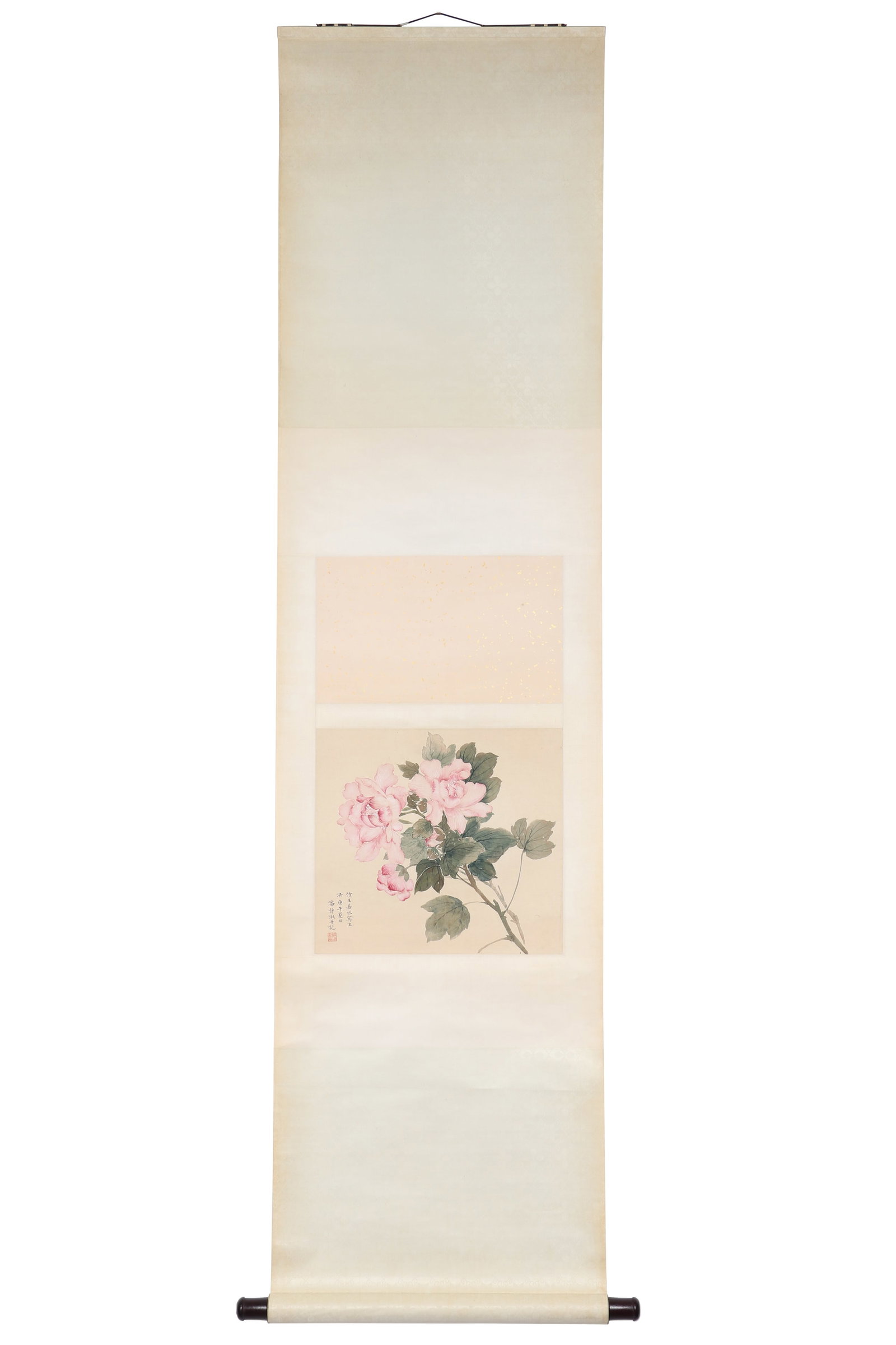 A Chinese Floral Painting, Signed by Pan Jingshu: A Chinese floral painting, Signed by Pan Jingshu, featuring a seal. Drawing some flowers in color on paper. Hanging scroll. H: 32.5cm W: 36cm (painting)