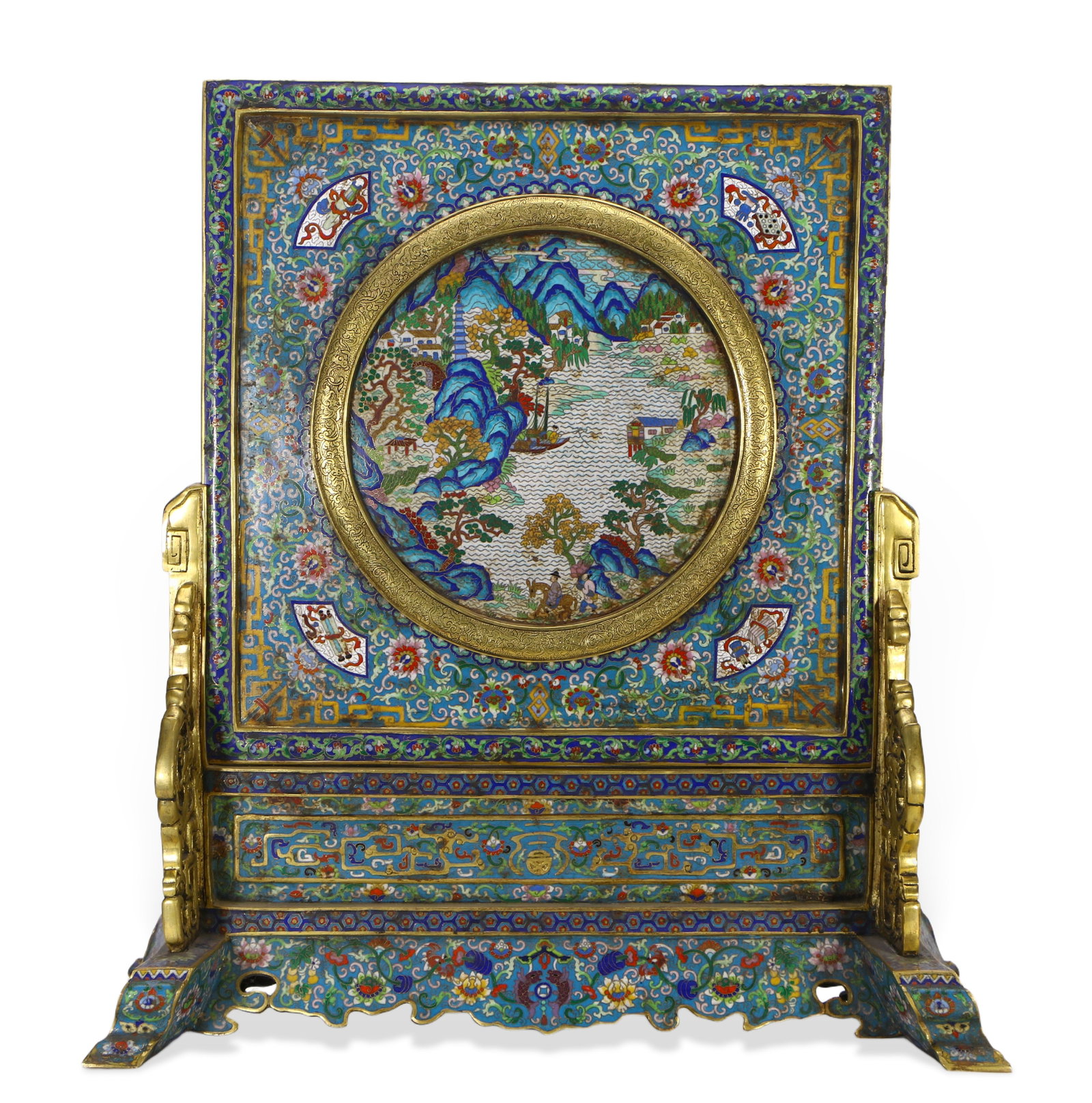A cloisonn?? screen with a copper base: In the center of the screen is a painting depicting mountains and rivers, 59 cm high and 56 cm wide.
