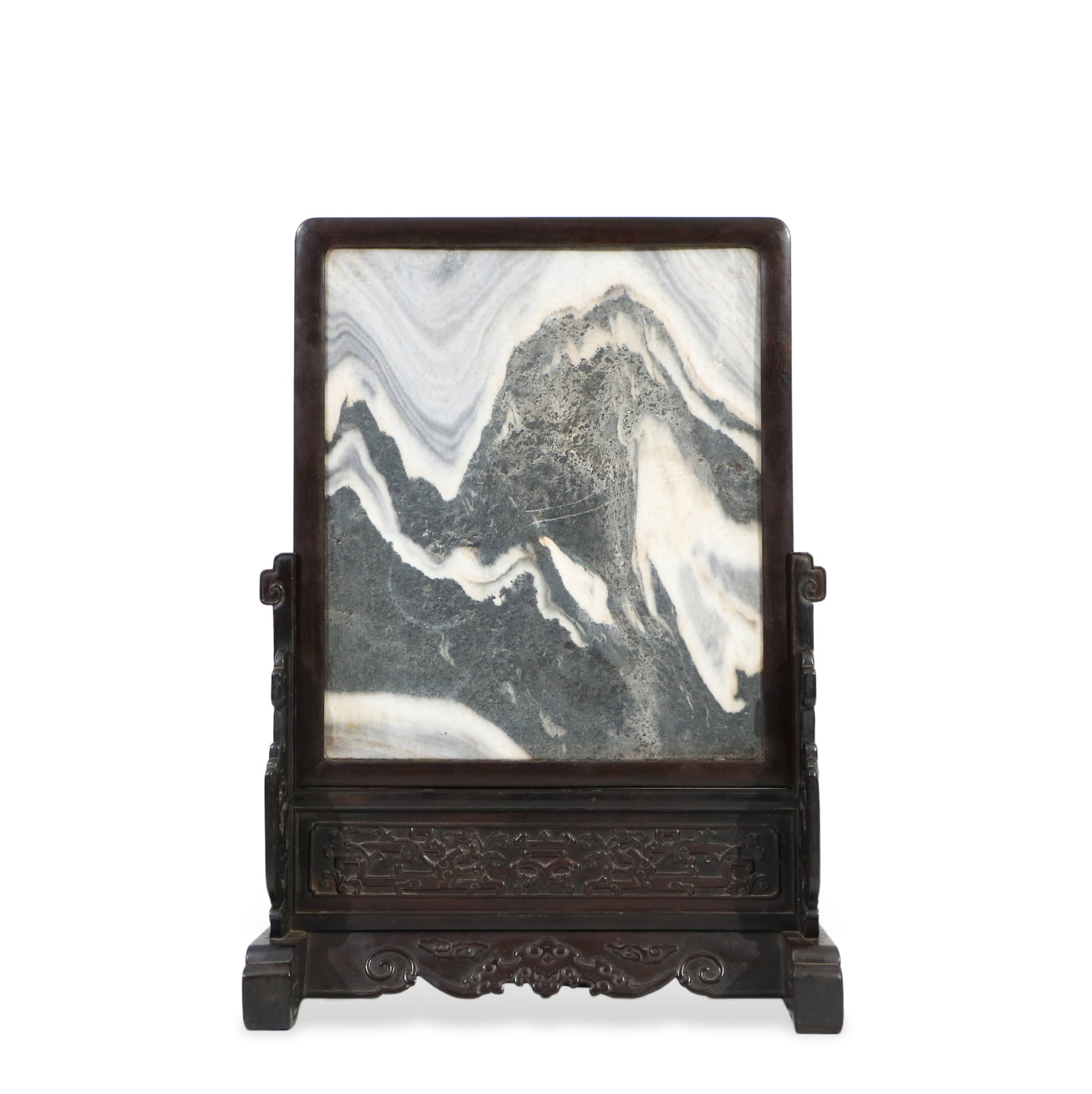 A Qing Dynasty zitan screen with a marble base: The rosewood base has carved patterns, height 92.5 cm, length 64.5 cm, width 31.5 cm