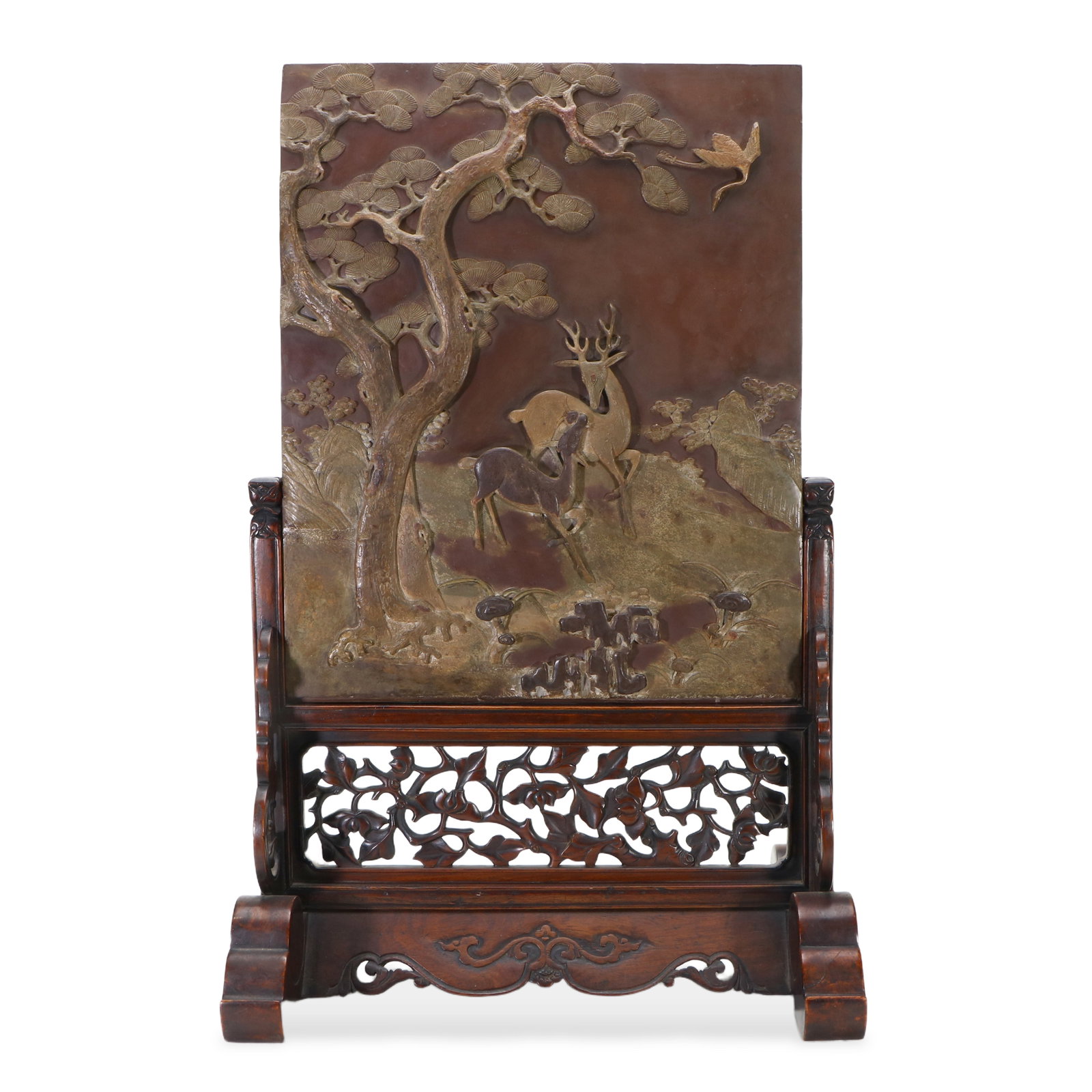 A Huanghuali wood screen inlaid with Qiyang stone: A deer and a crane are carved on the stone. The base also has openwork pattern carvings. Height 65 cm, length 42 cm, width 23.8 cm.