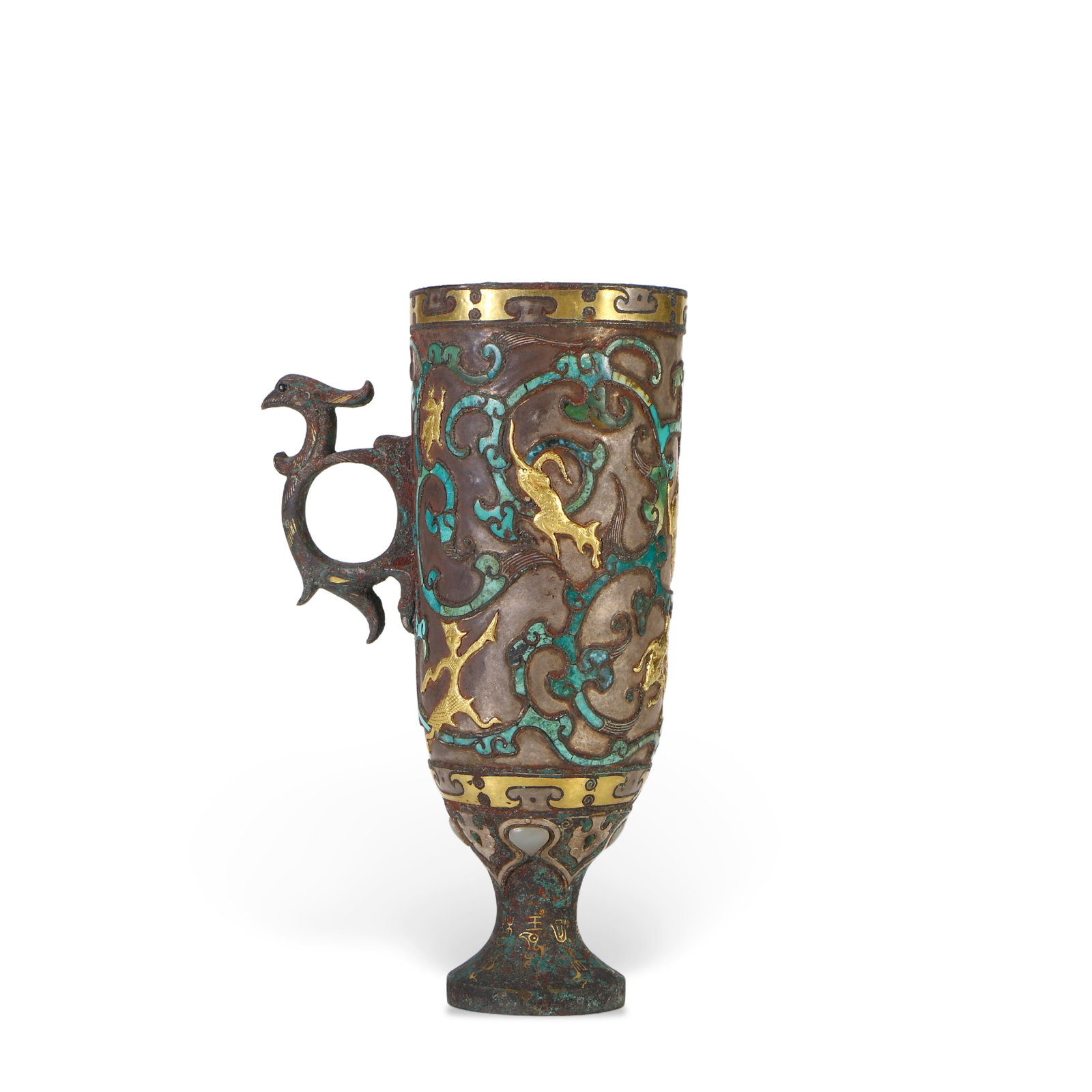 A bronze cup inlaid with gold, silver, and jade: The cup has a uniquely shaped handle, 15.5cm high and 9cm wide