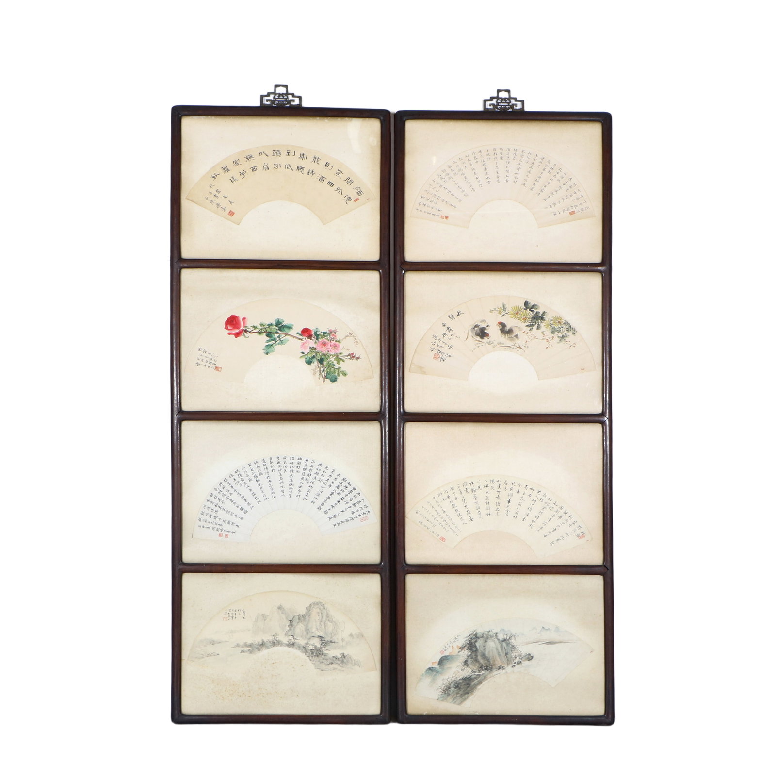 A pair of redwood inlaid fan-surface calligraphy and painting hanging screens: A hanging screen composed of 8 fan panels. Height 148.5 cm, width 50 cm ?? 2