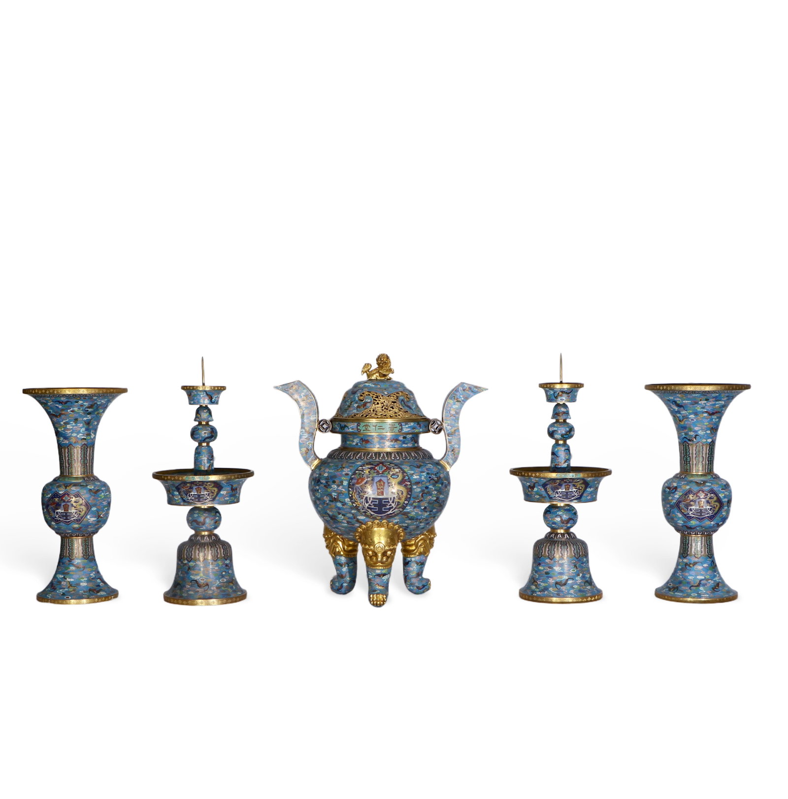 A set of cloisonn?? Buddhist supplies: It consists of five pieces, the largest is 67 cm high and 59 cm wide