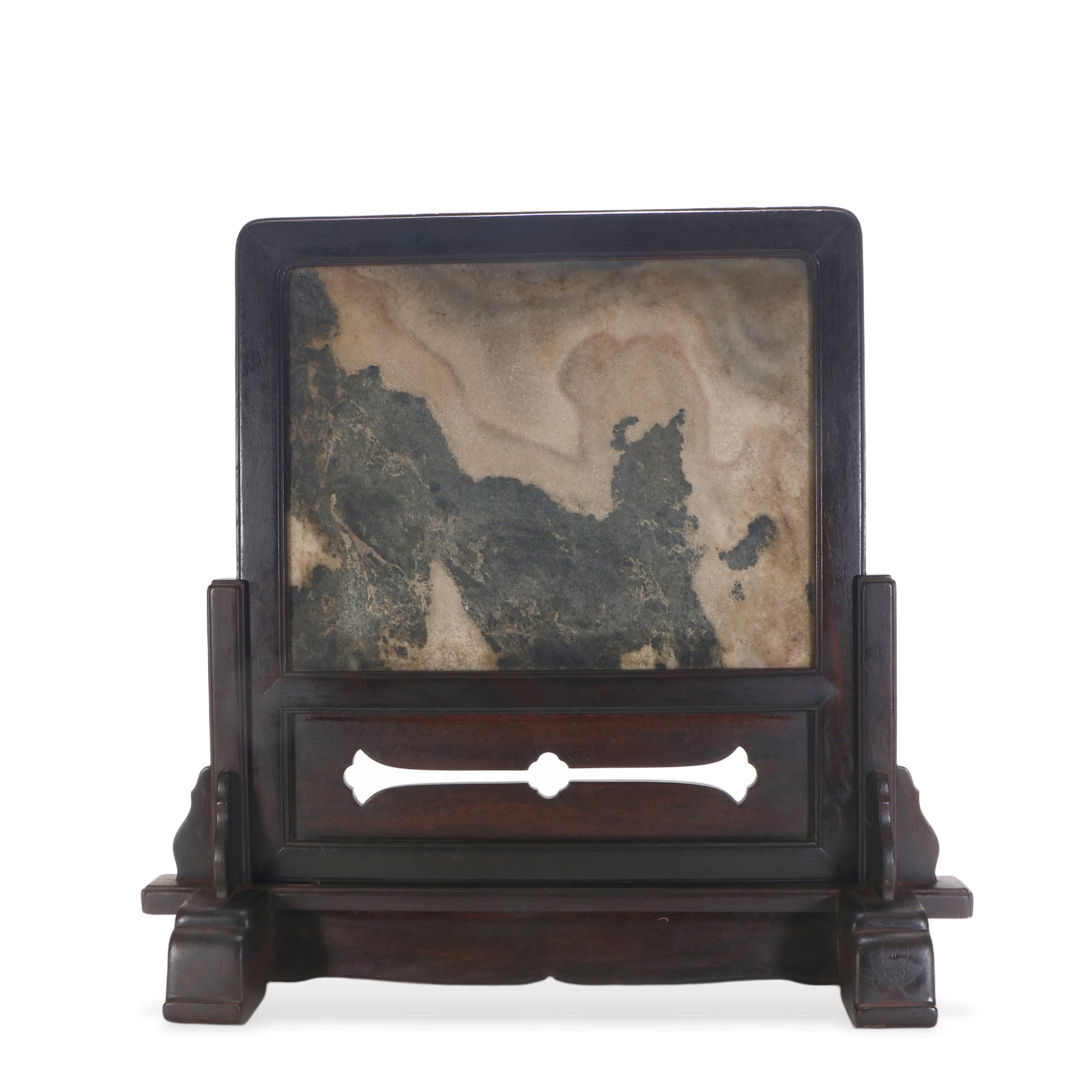 A rosewood screen inlaid with agate stone base: The rosewood base has openwork carvings, height 45.5 cm, length 48 cm, width 18 cm