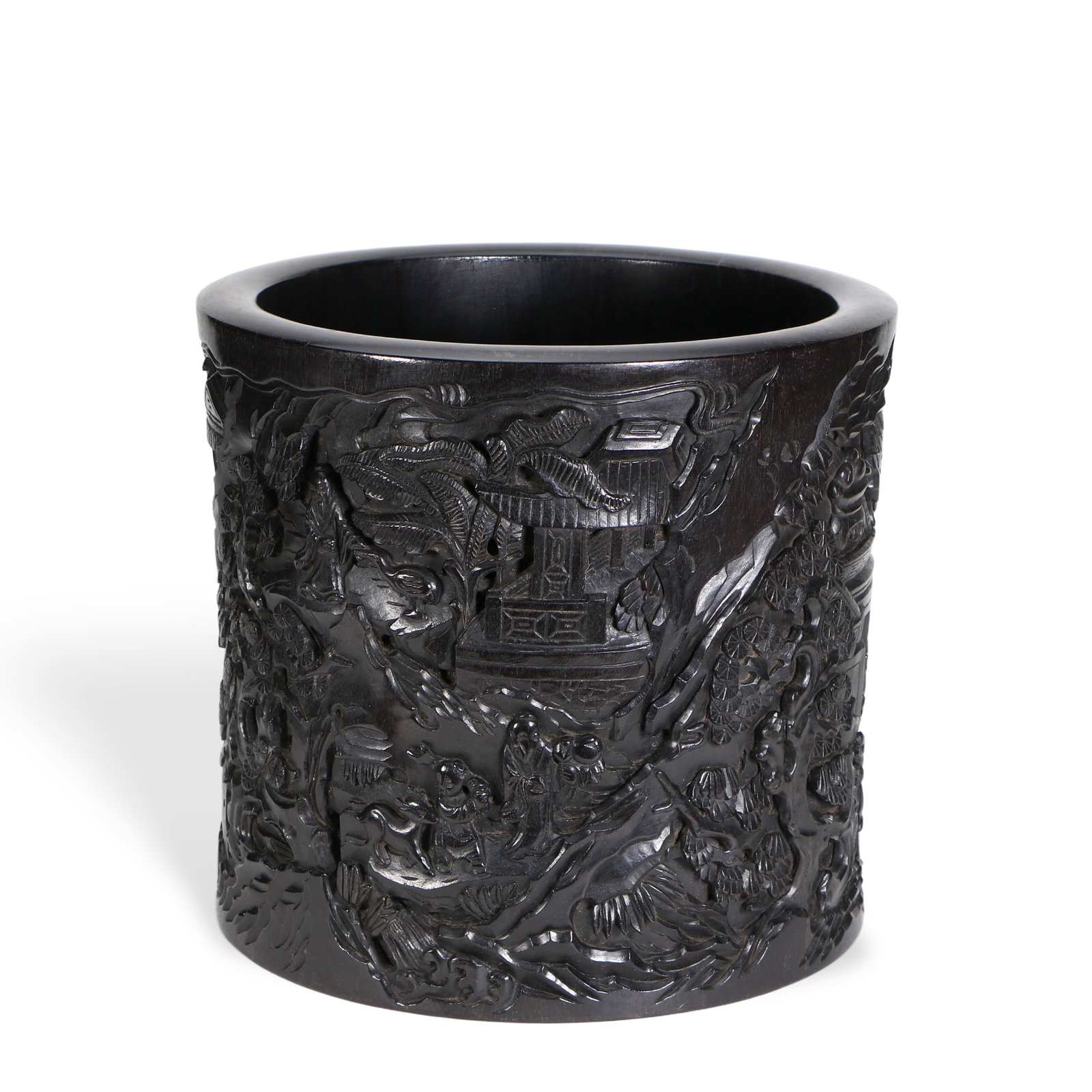 A Qing Dynasty rosewood brush pot: The exterior of the pen holder is carved with landscapes and figures. Height: 25 cm, Diameter: 27 cm