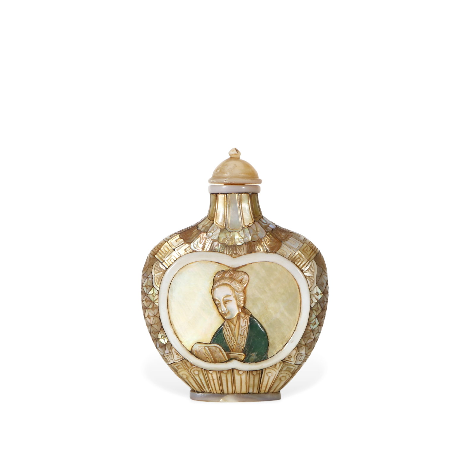A snuff bottle inlaid with mother-of-pearl: A lady is carved in the center of the body of the pot. Height 7 cm