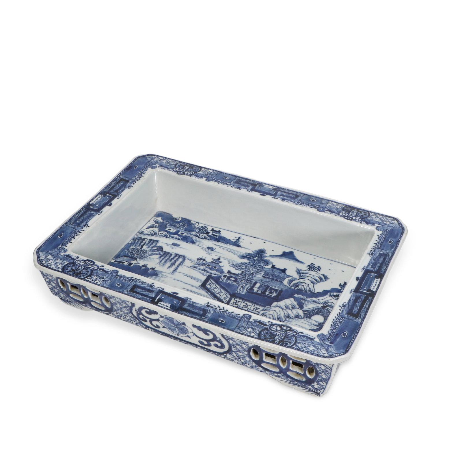 A blue and white porcelain flowerpot: The basin is decorated with patterns all around, with the center painted with landscape and figures, 8 cm high, 39 cm long, and 27.5 cm wide.