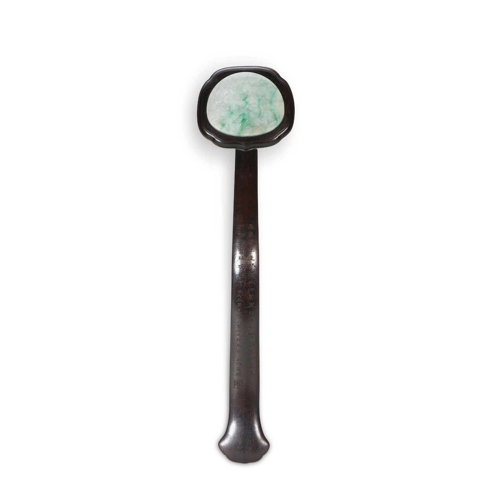 A Qing Dynasty zitan ruyi ornament inlaid with jade: The handle part of the rosewood is carved with poems, 38 cm long and 8.8 cm wide at the top.