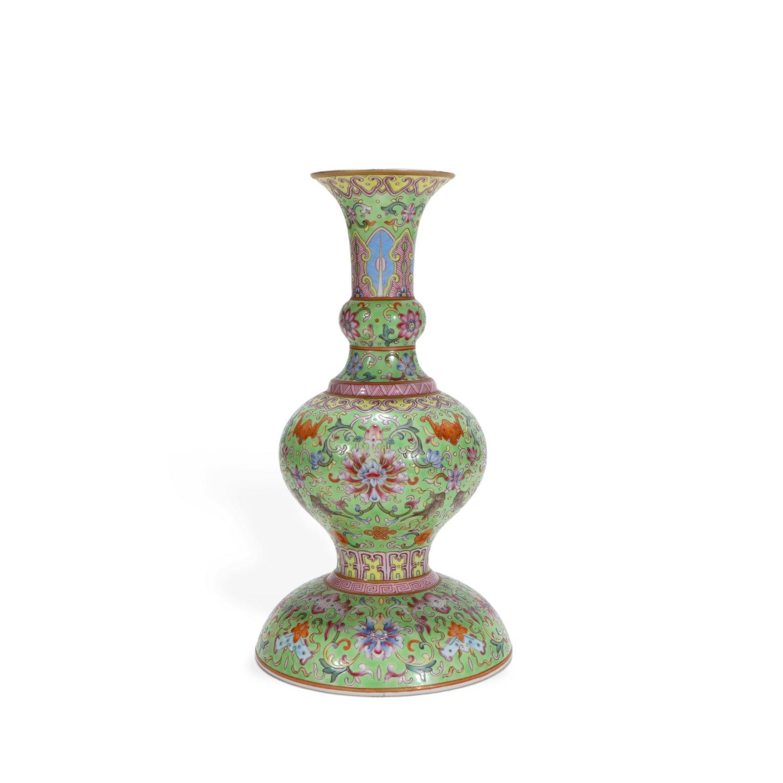 A Chinese famille rose vase: The bottle is covered with patterns, featuring various floral designs, 20cm high and 10.5cm in diameter at the base.